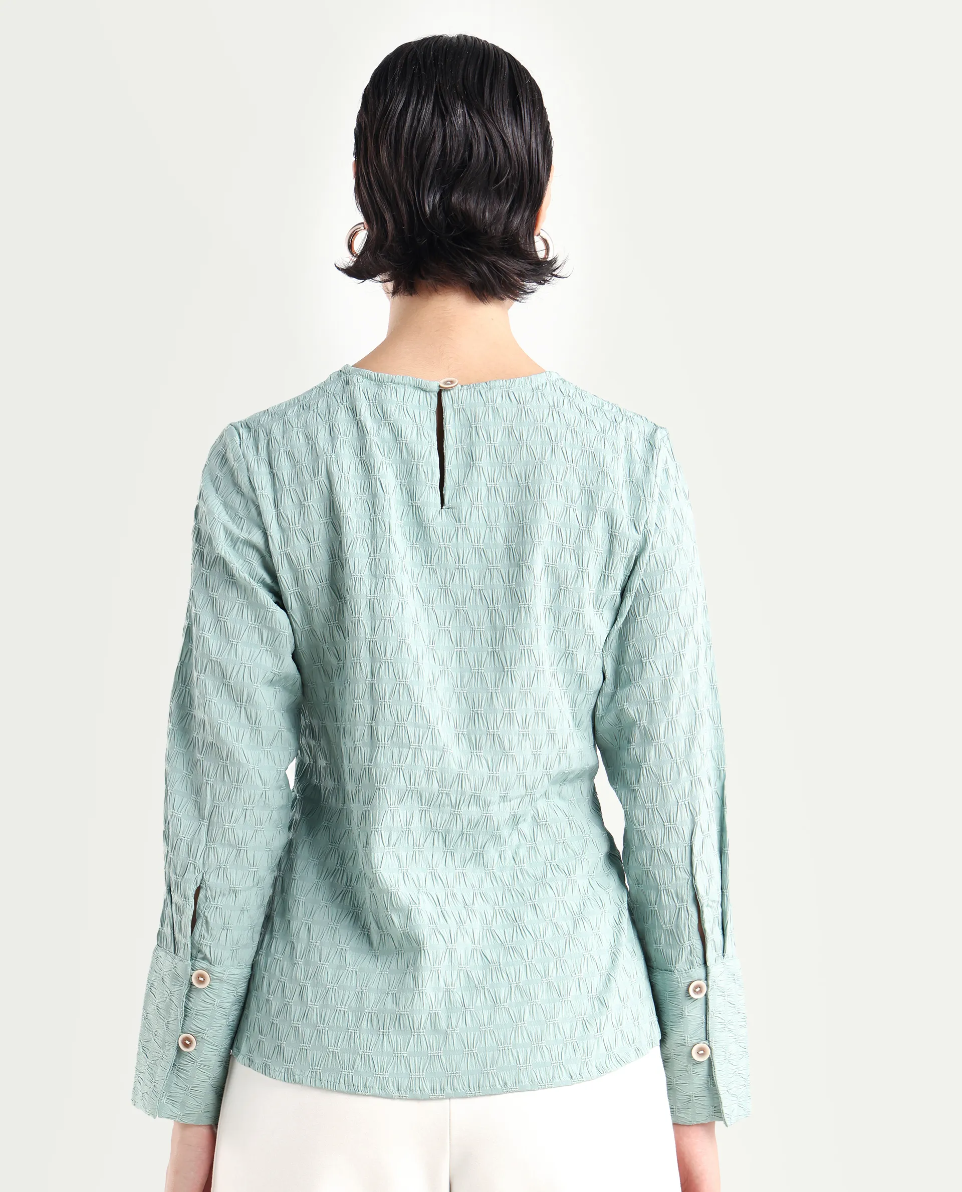 Rareism Women's Kiop Green Polyester Crew Neck Plain Cuffed Sleeve Regular Fit Top - Image 7