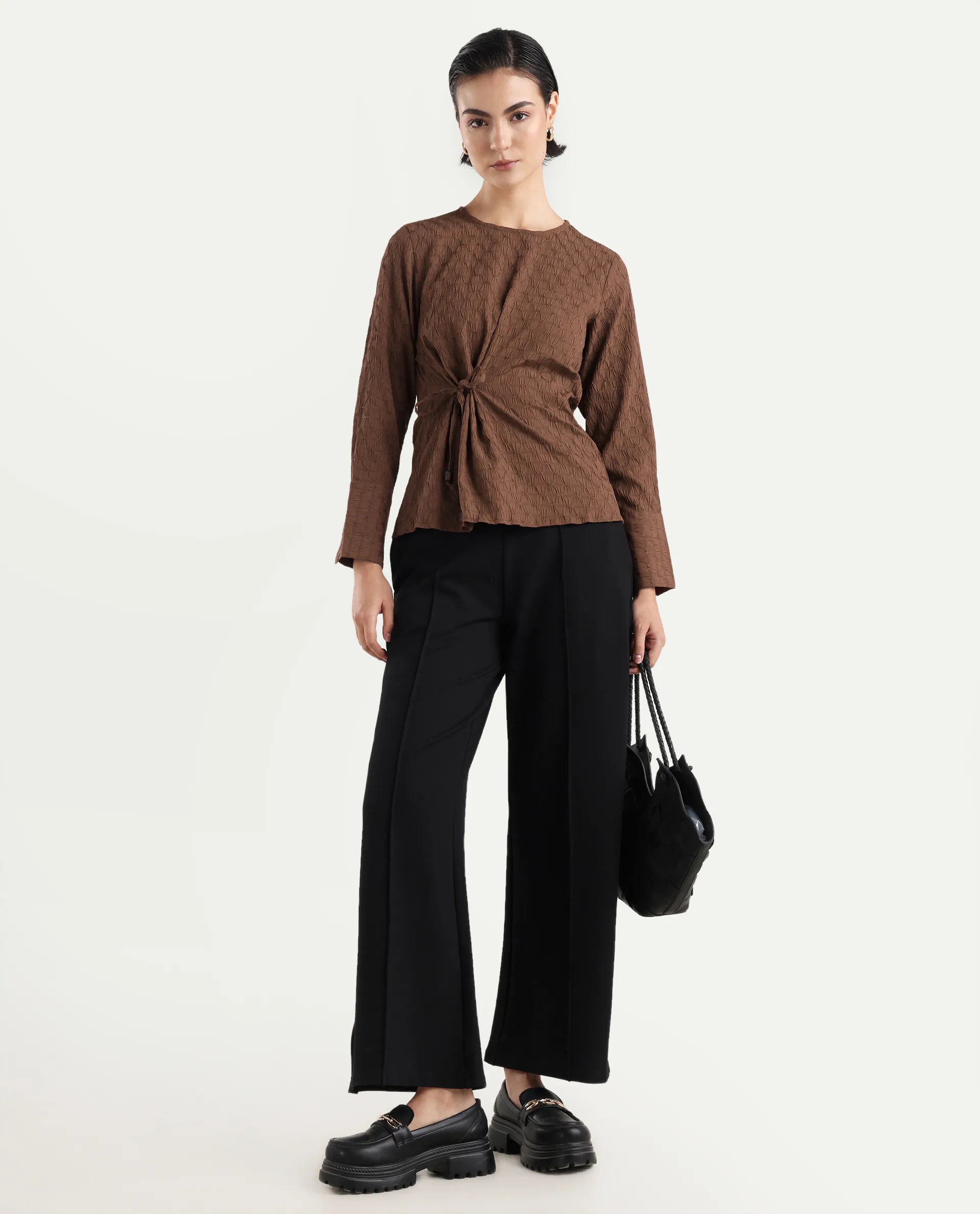 Rareism Women's Kiop Rust Polyester Crew Neck Plain Cuffed Sleeve Regular Fit Top - Image 2