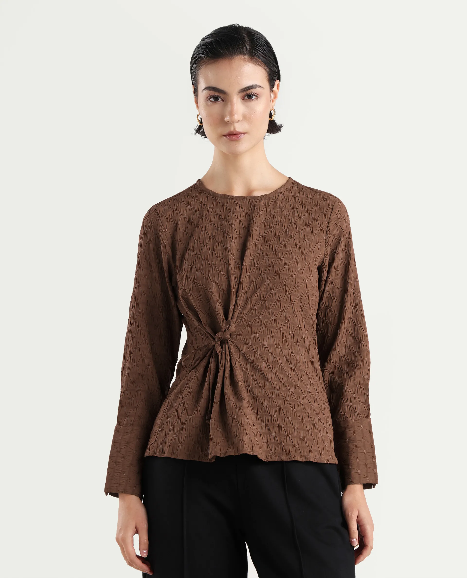 Rareism Women's Kiop Rust Polyester Crew Neck Plain Cuffed Sleeve Regular Fit Top - Image 3