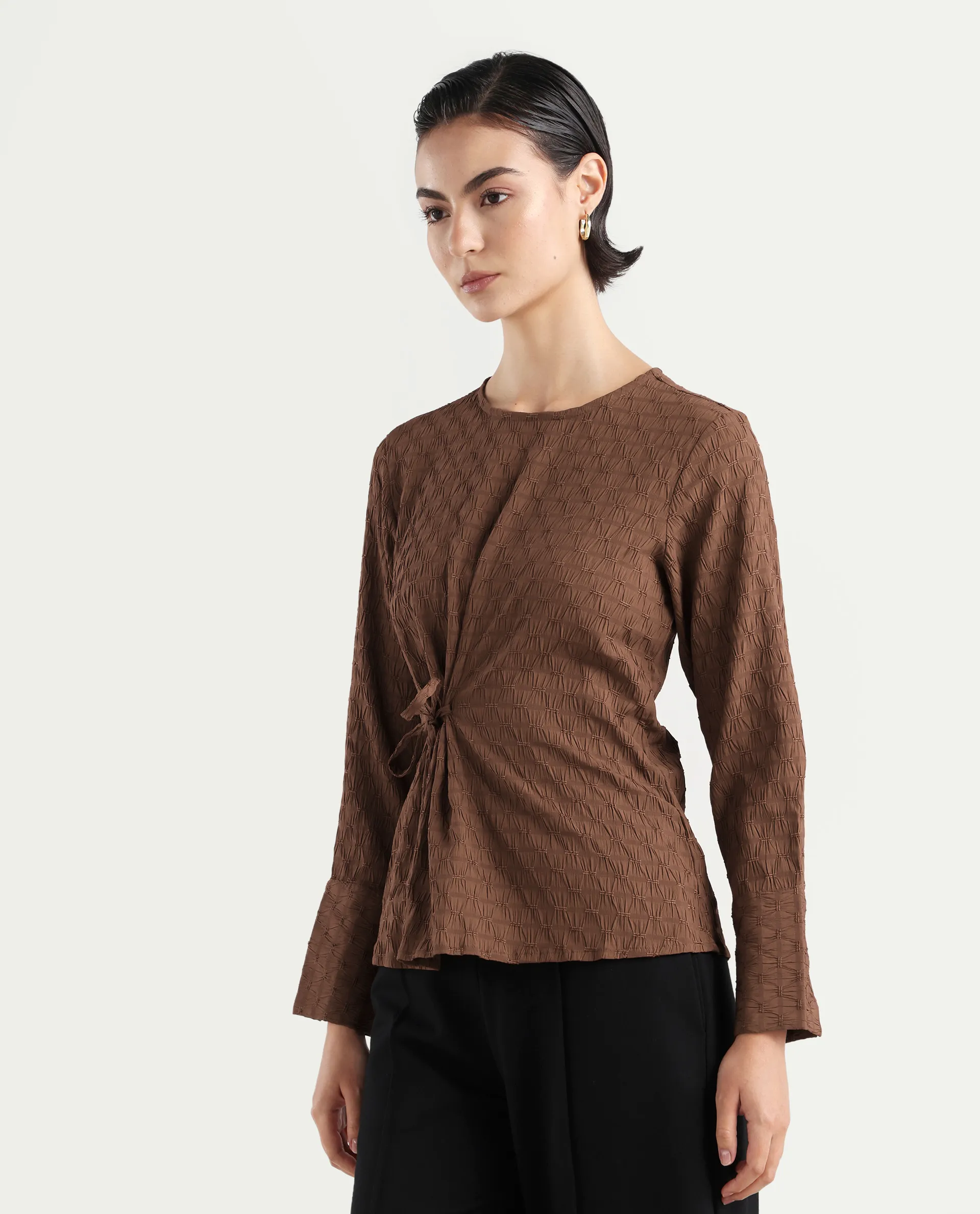 Rareism Women's Kiop Rust Polyester Crew Neck Plain Cuffed Sleeve Regular Fit Top - Image 5