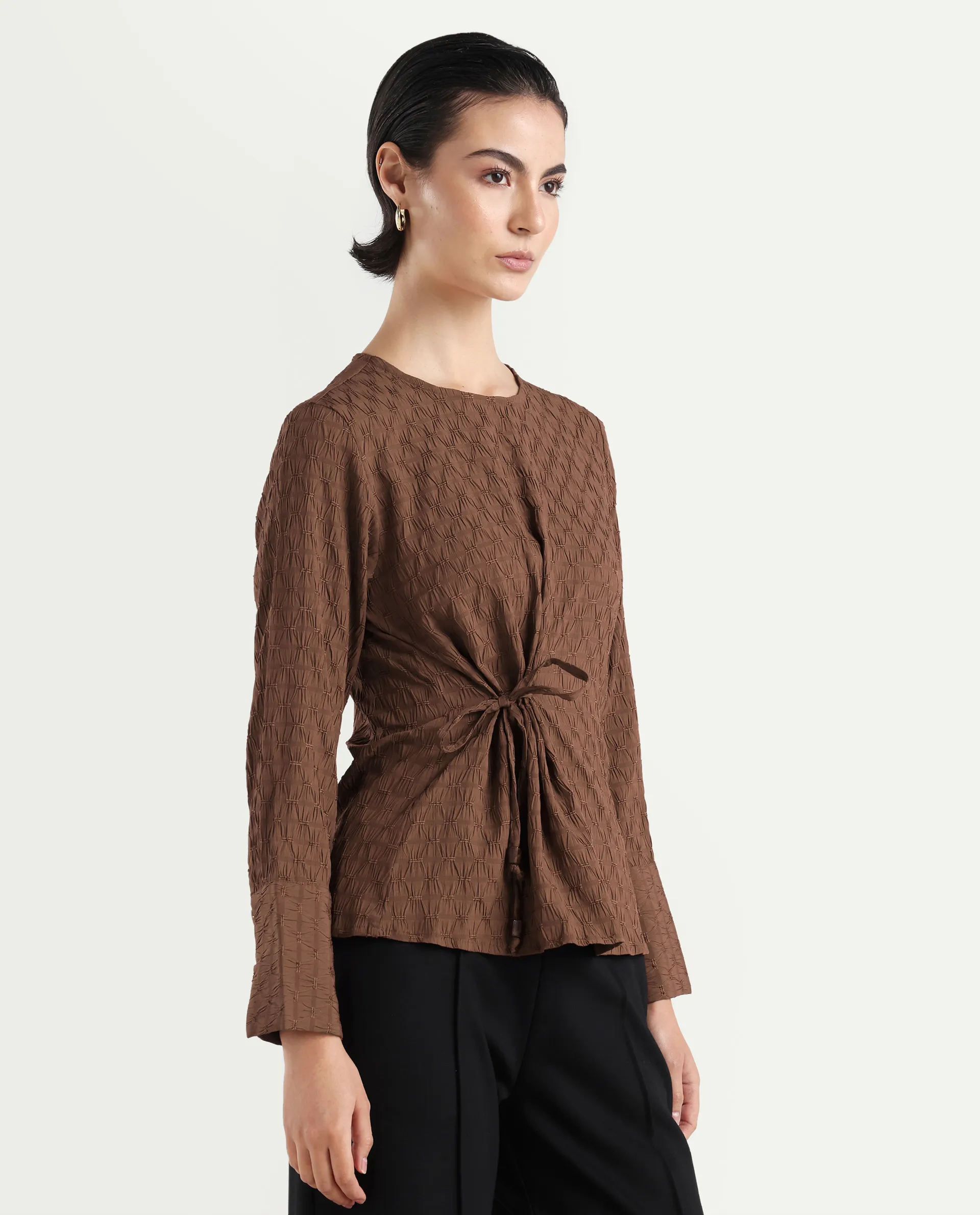 Rareism Women's Kiop Rust Polyester Crew Neck Plain Cuffed Sleeve Regular Fit Top - Image 6