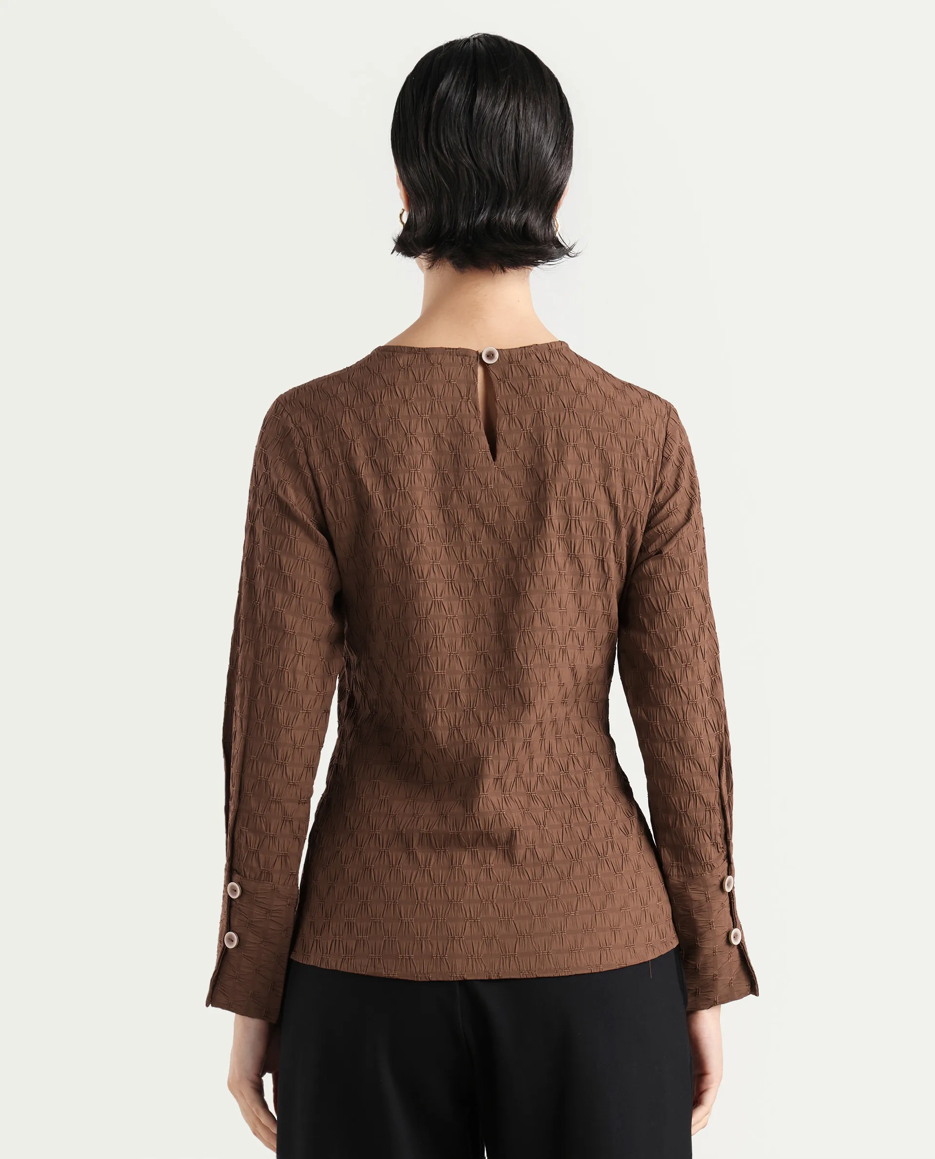 Rareism Women's Kiop Rust Polyester Crew Neck Plain Cuffed Sleeve Regular Fit Top - Image 7