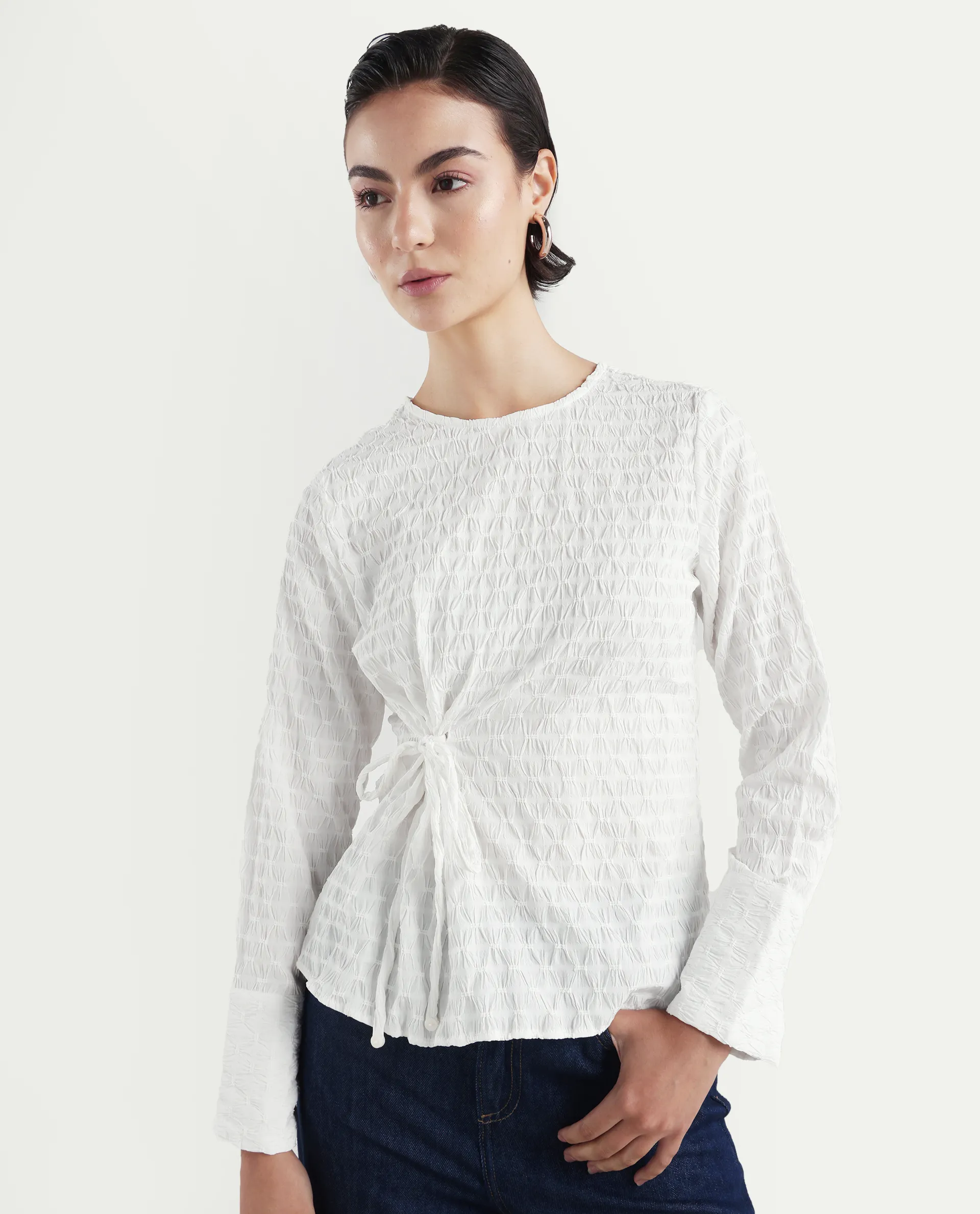Rareism Women's Kiop White Polyester Crew Neck Plain Cuffed Sleeve Regular Fit Top