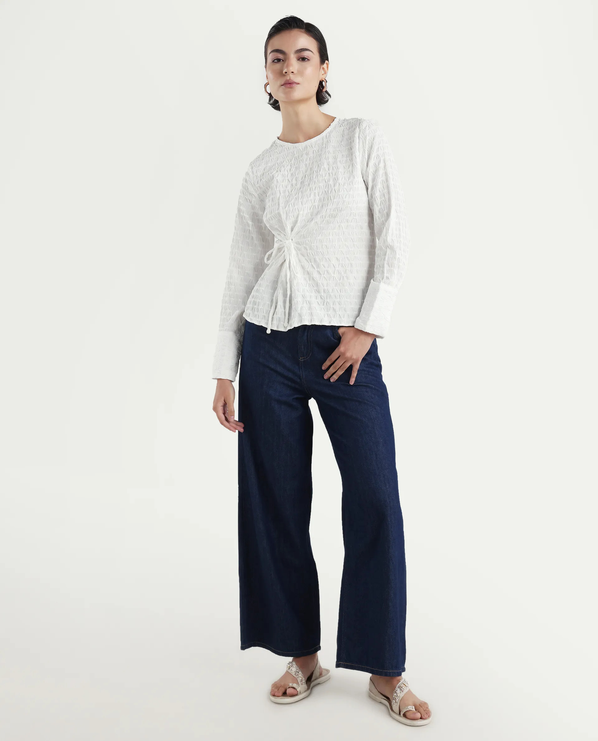 Rareism Women's Kiop White Polyester Crew Neck Plain Cuffed Sleeve Regular Fit Top - Image 2