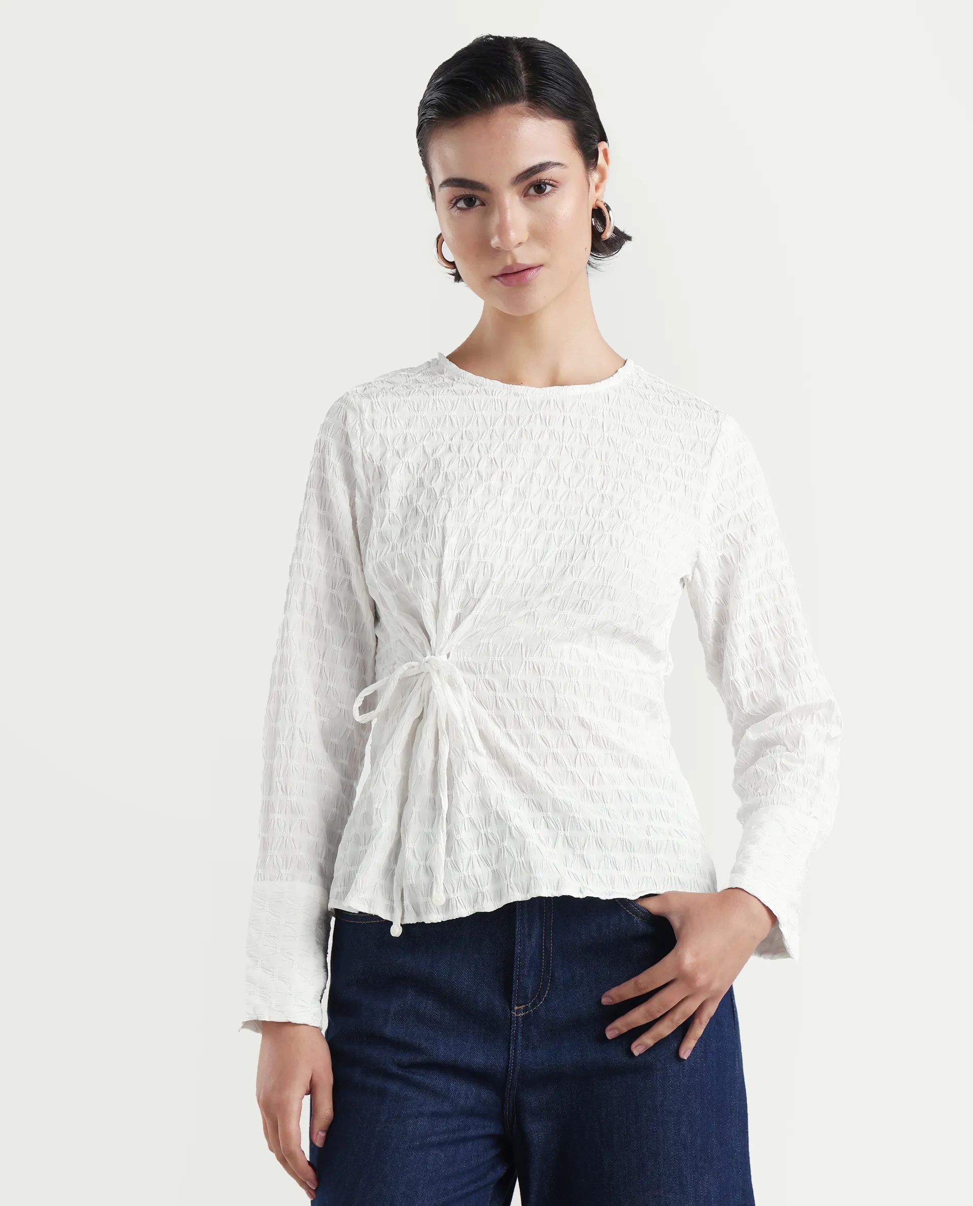 Rareism Women's Kiop White Polyester Crew Neck Plain Cuffed Sleeve Regular Fit Top - Image 3
