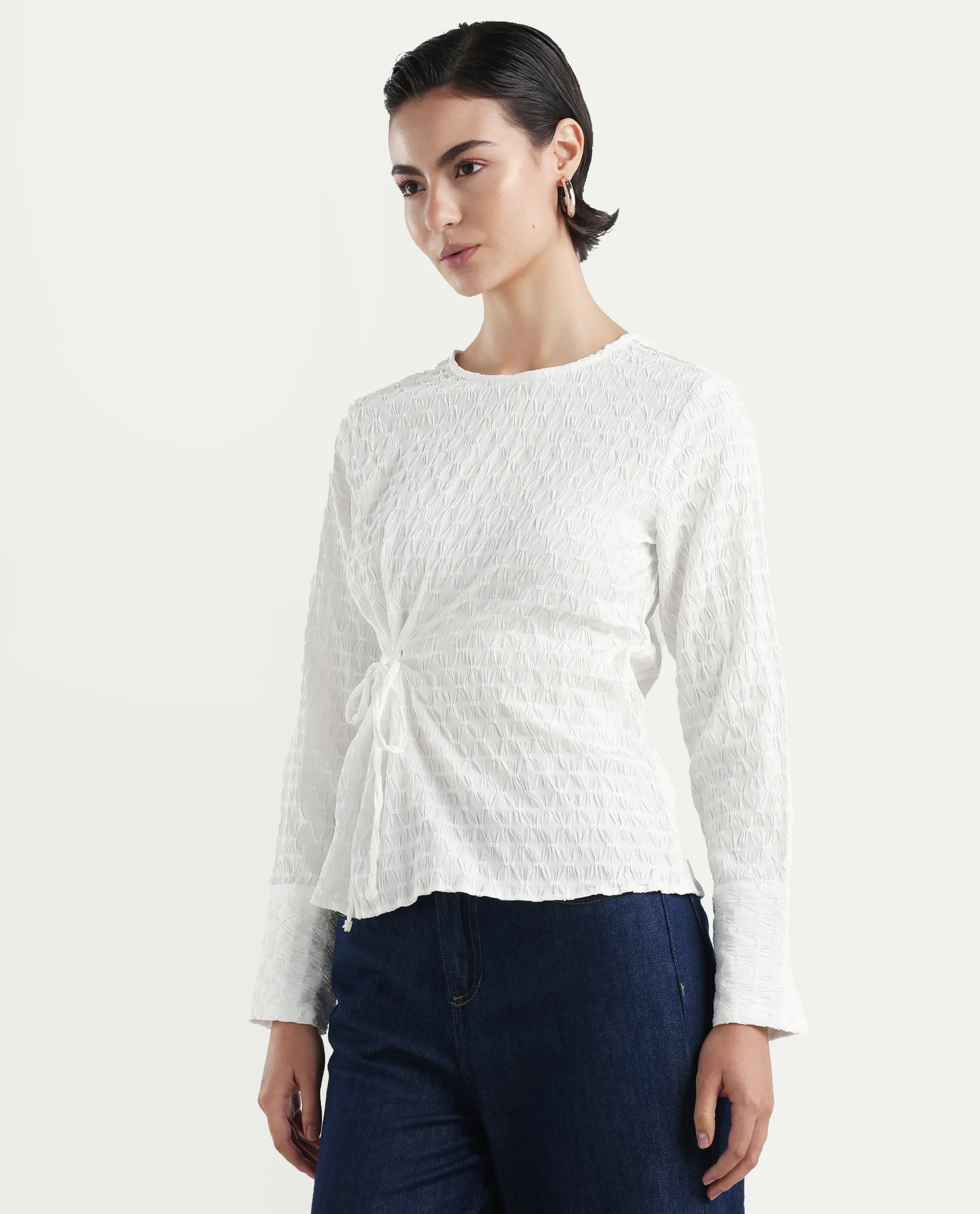 Rareism Women's Kiop White Polyester Crew Neck Plain Cuffed Sleeve Regular Fit Top - Image 5