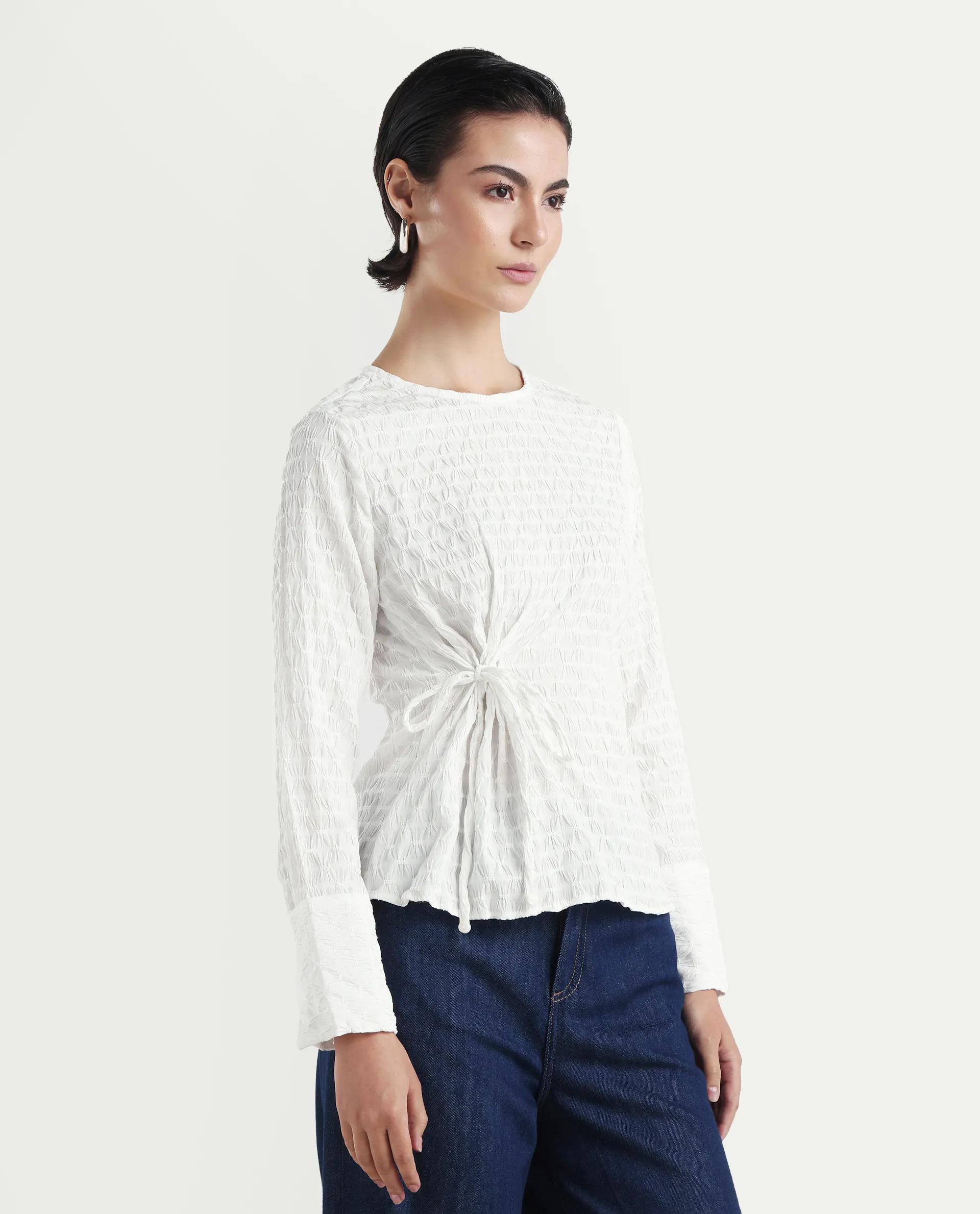 Rareism Women's Kiop White Polyester Crew Neck Plain Cuffed Sleeve Regular Fit Top - Image 6