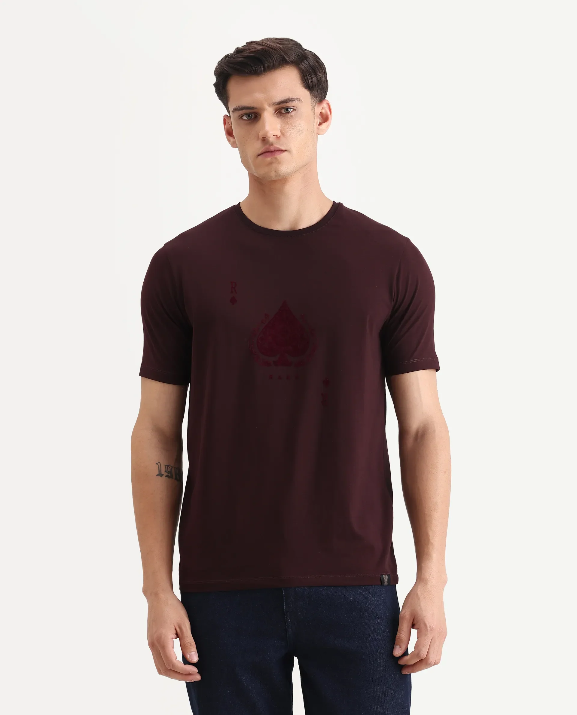 Rare Rabbit Men's Kios Dark Brown Cotton Blend Graphic Print Regular Fit Half Sleeve Crew Neck T-Shirt - Image 4