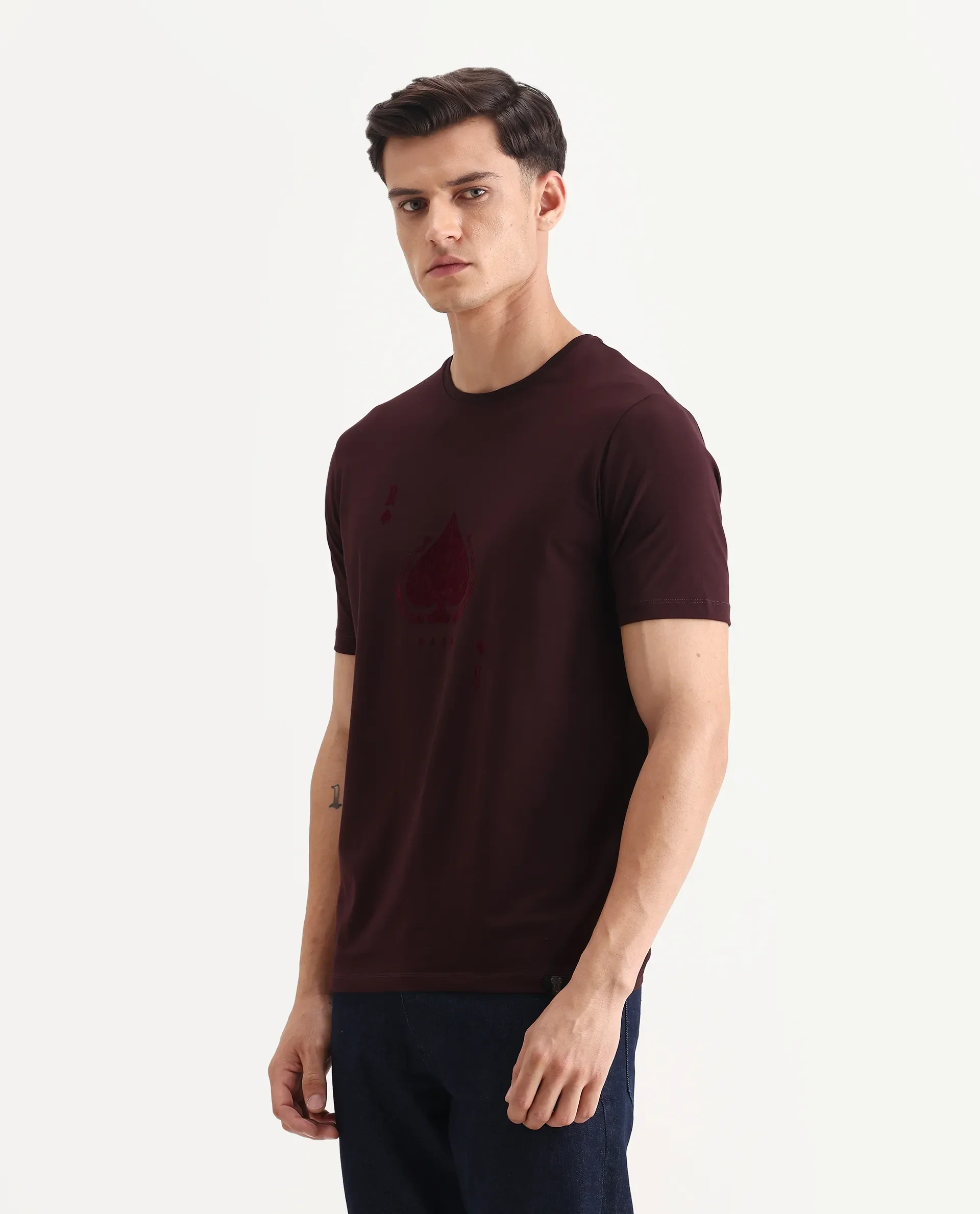 Rare Rabbit Men's Kios Dark Brown Cotton Blend Graphic Print Regular Fit Half Sleeve Crew Neck T-Shirt - Image 5