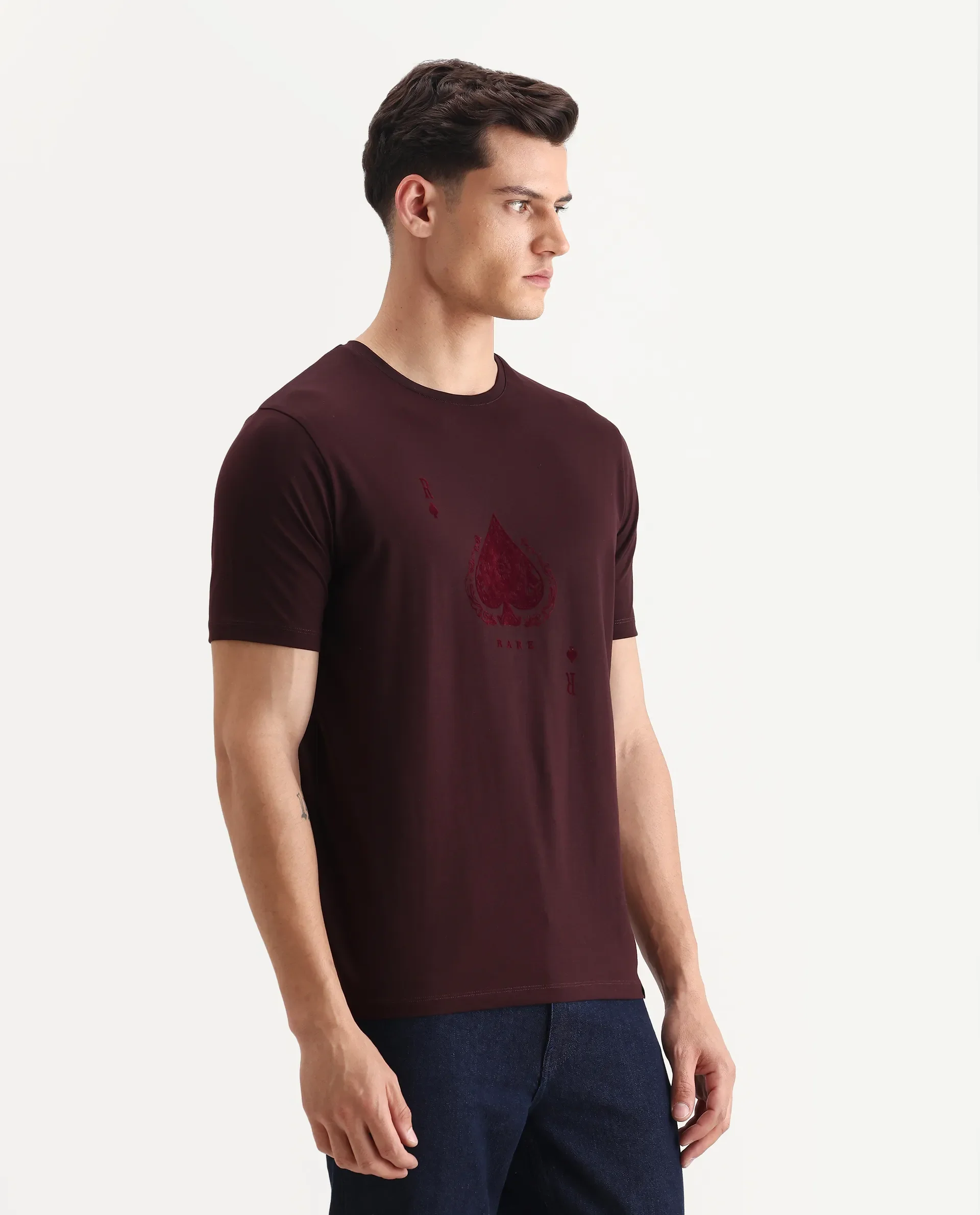 Rare Rabbit Men's Kios Dark Brown Cotton Blend Graphic Print Regular Fit Half Sleeve Crew Neck T-Shirt - Image 6