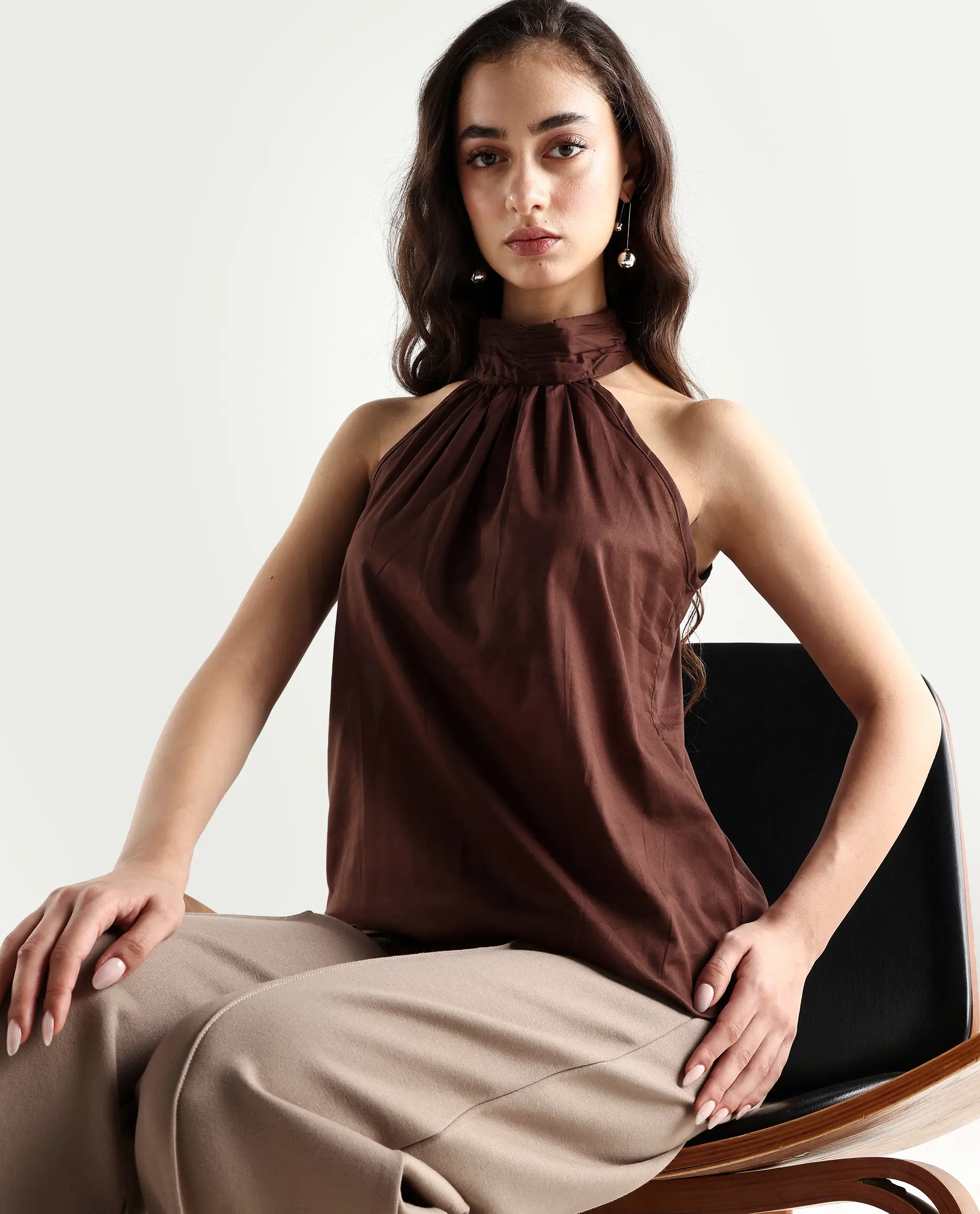 Rareism Women's Kirara Brown Halter Neck Plain Sleeveless Regular Fit Top - Image 2