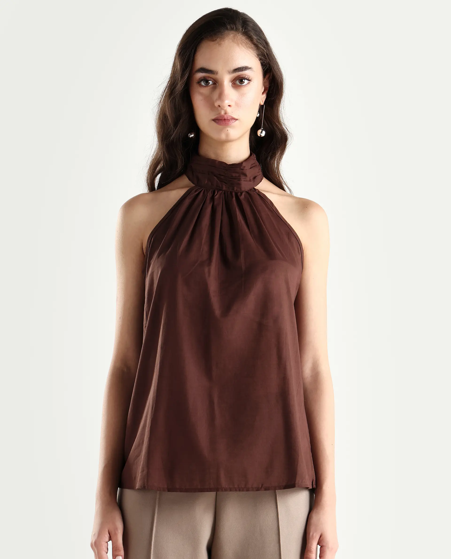 Rareism Women's Kirara Brown Halter Neck Plain Sleeveless Regular Fit Top - Image 3