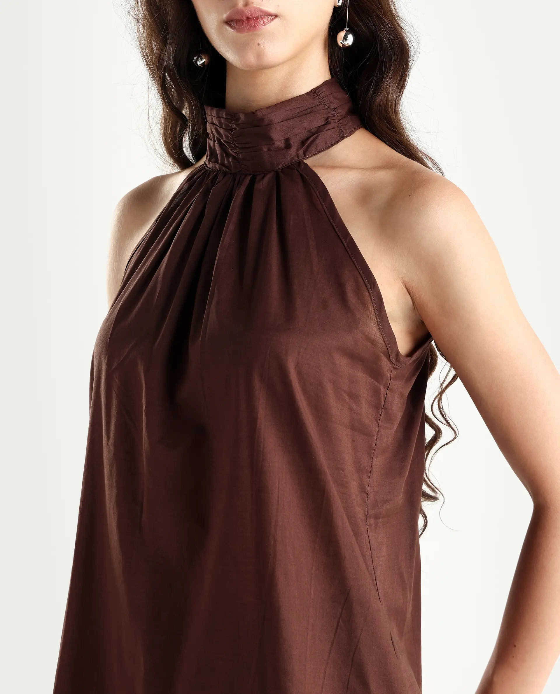 Rareism Women's Kirara Brown Halter Neck Plain Sleeveless Regular Fit Top - Image 4