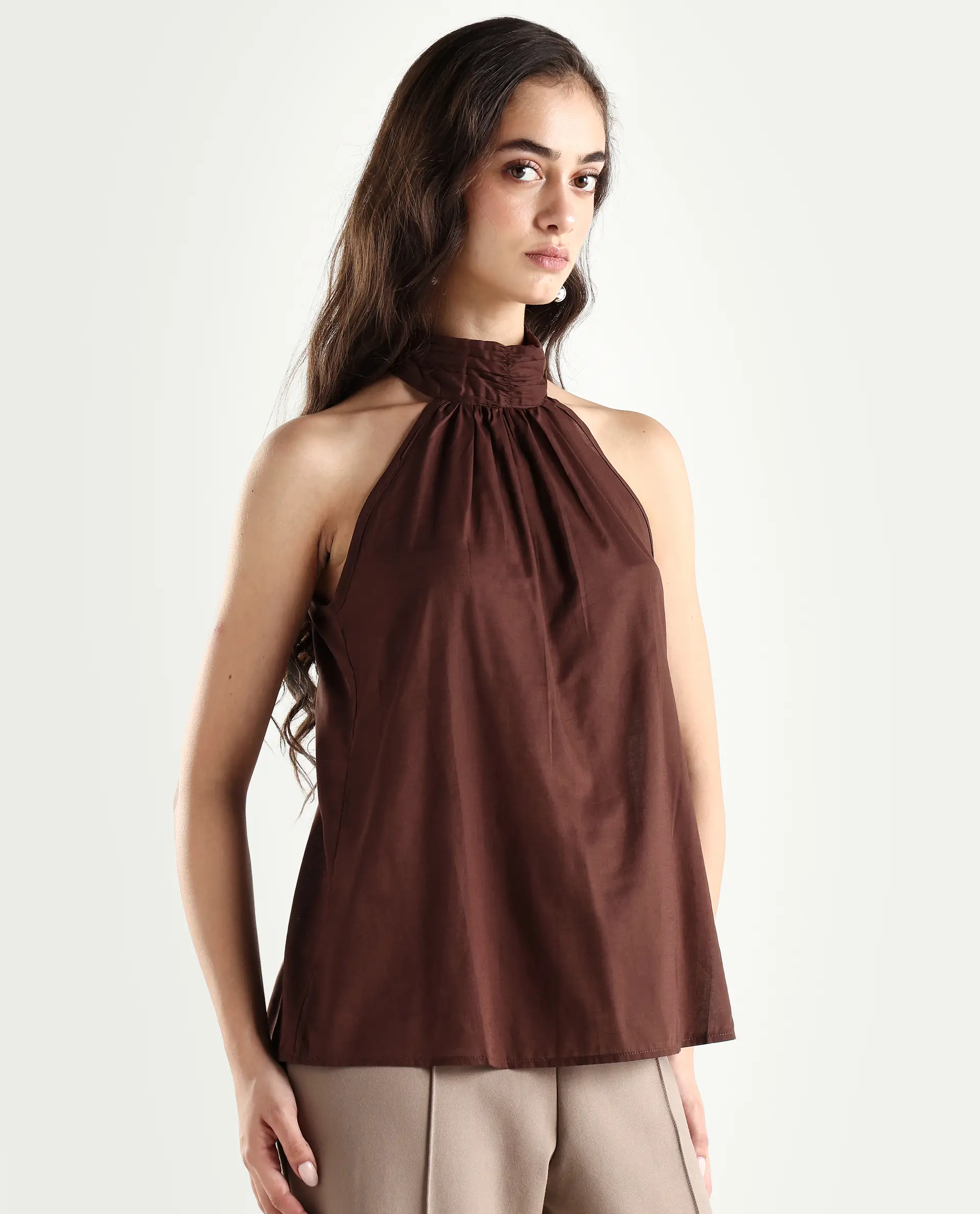 Rareism Women's Kirara Brown Halter Neck Plain Sleeveless Regular Fit Top - Image 5