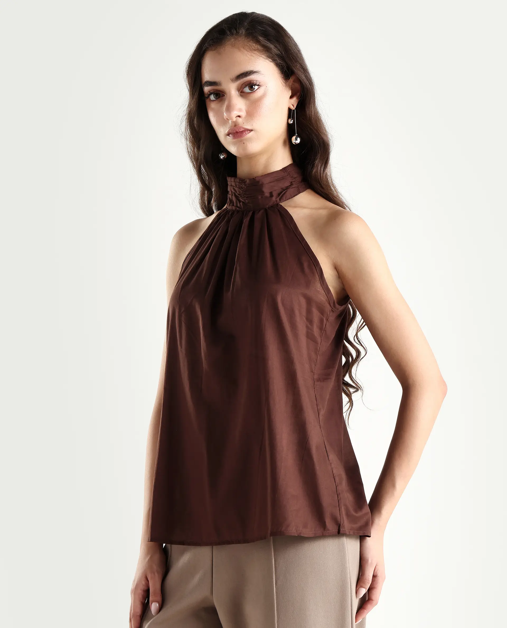 Rareism Women's Kirara Brown Halter Neck Plain Sleeveless Regular Fit Top - Image 6