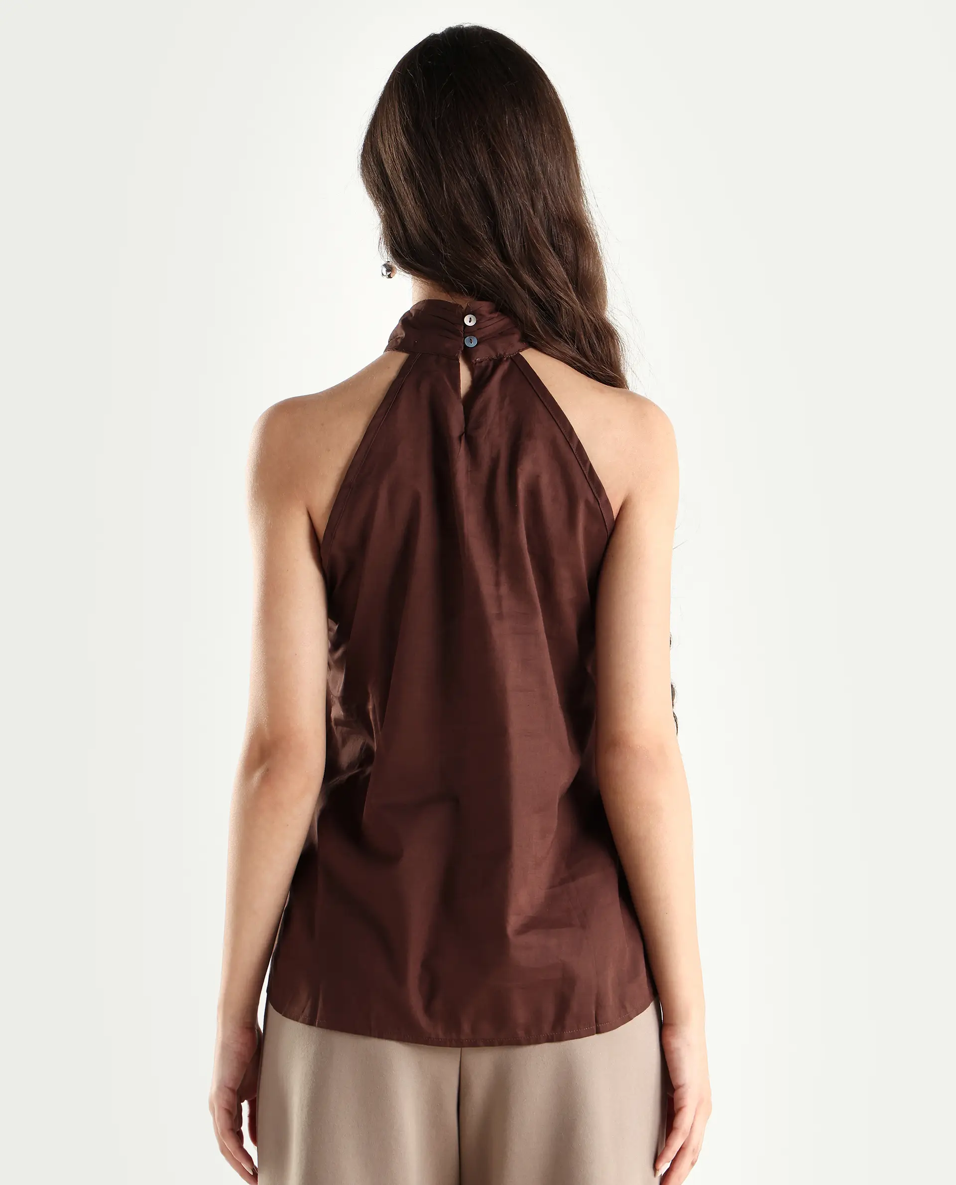 Rareism Women's Kirara Brown Halter Neck Plain Sleeveless Regular Fit Top - Image 7