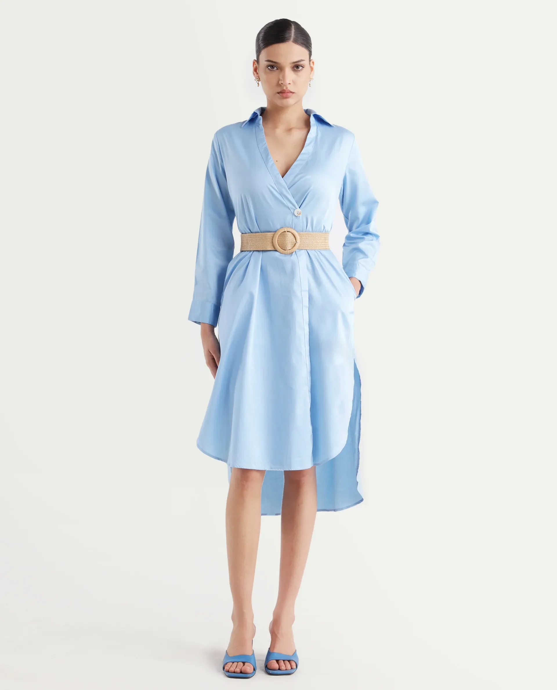 Rareism Women's Kiril Light Blue Cotton Johnny Collar Plain Cuffed Sleeve Midi Relaxed Fit Dress - Image 2
