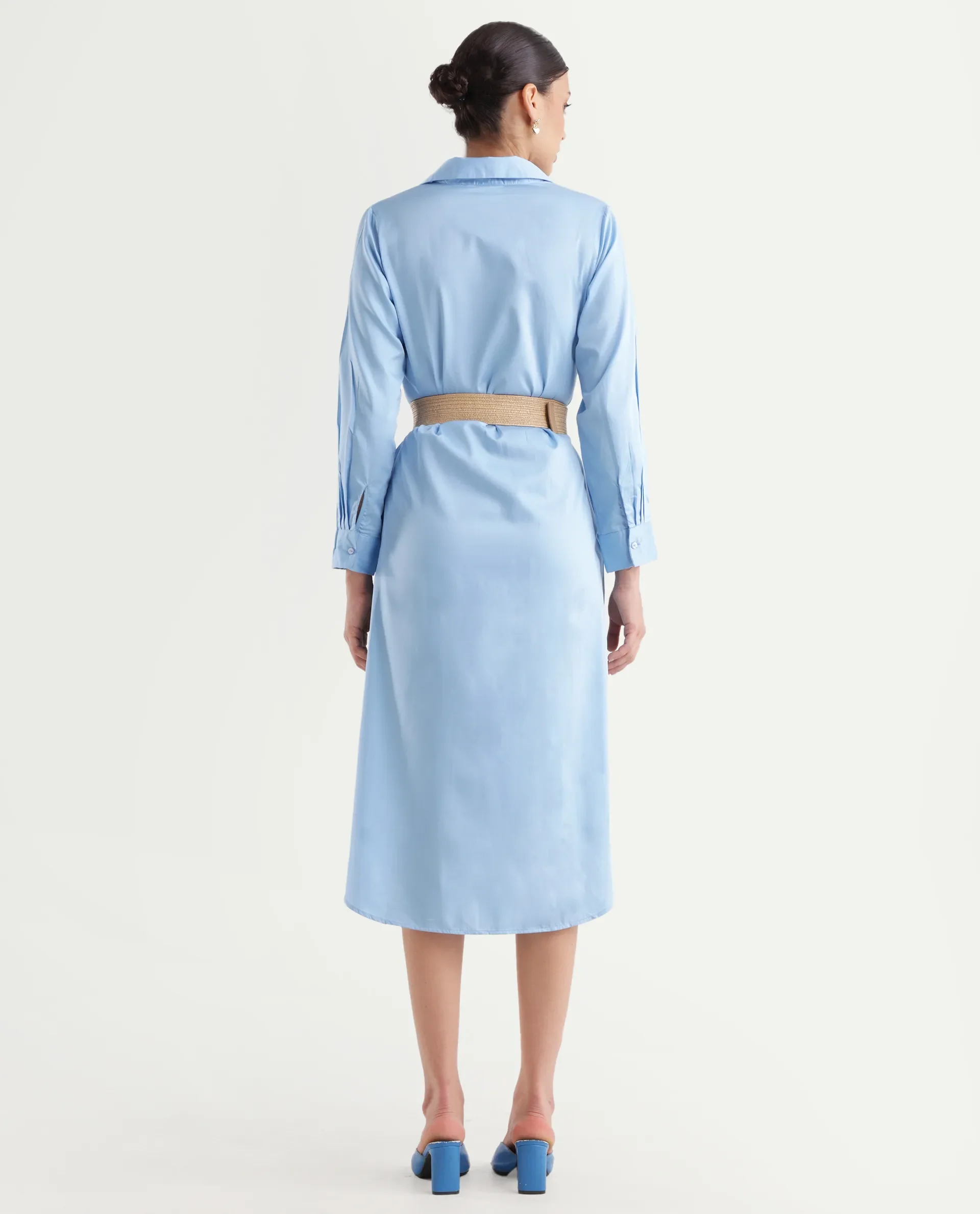 Rareism Women's Kiril Light Blue Cotton Johnny Collar Plain Cuffed Sleeve Midi Relaxed Fit Dress - Image 5