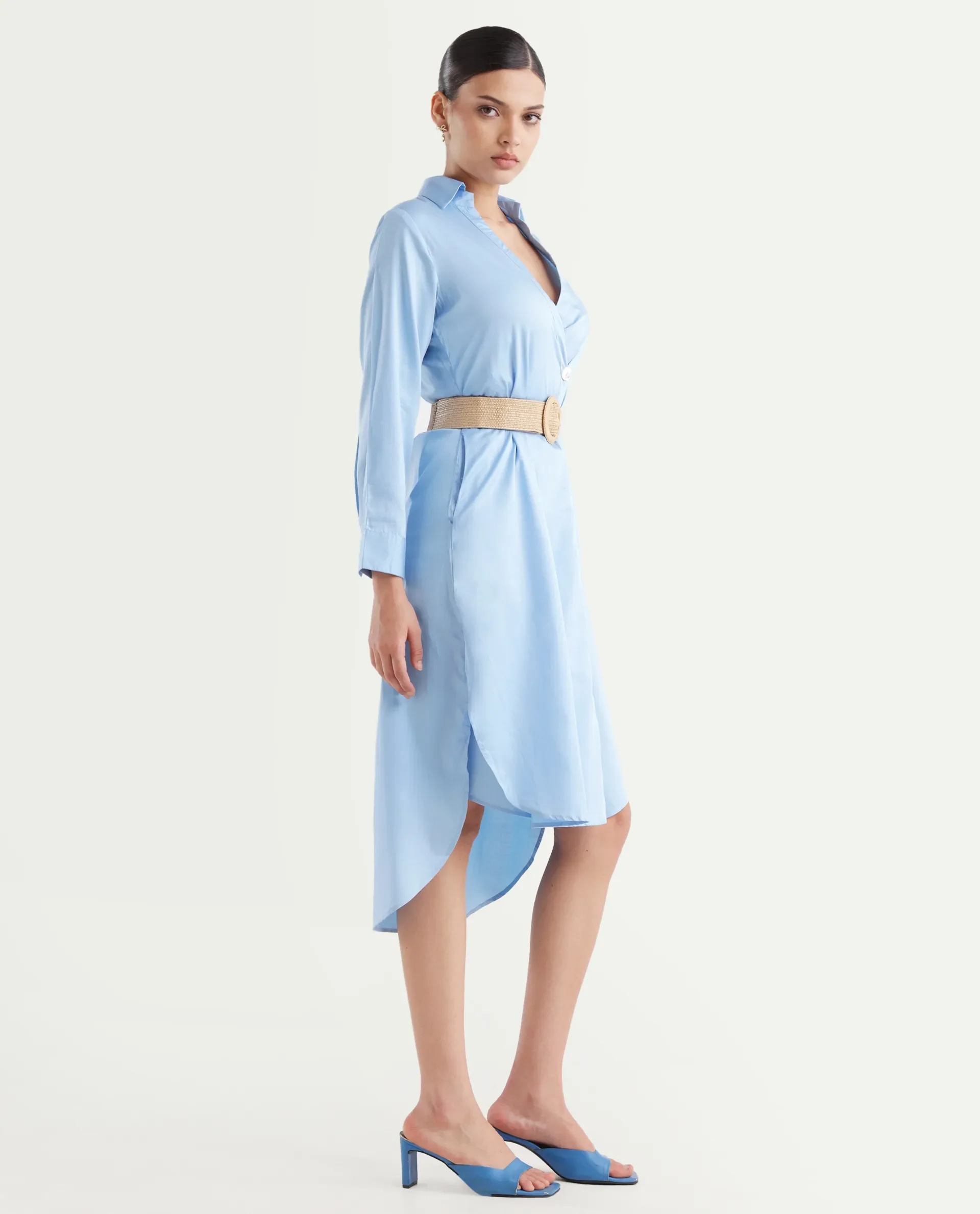 Rareism Women's Kiril Light Blue Cotton Johnny Collar Plain Cuffed Sleeve Midi Relaxed Fit Dress - Image 6