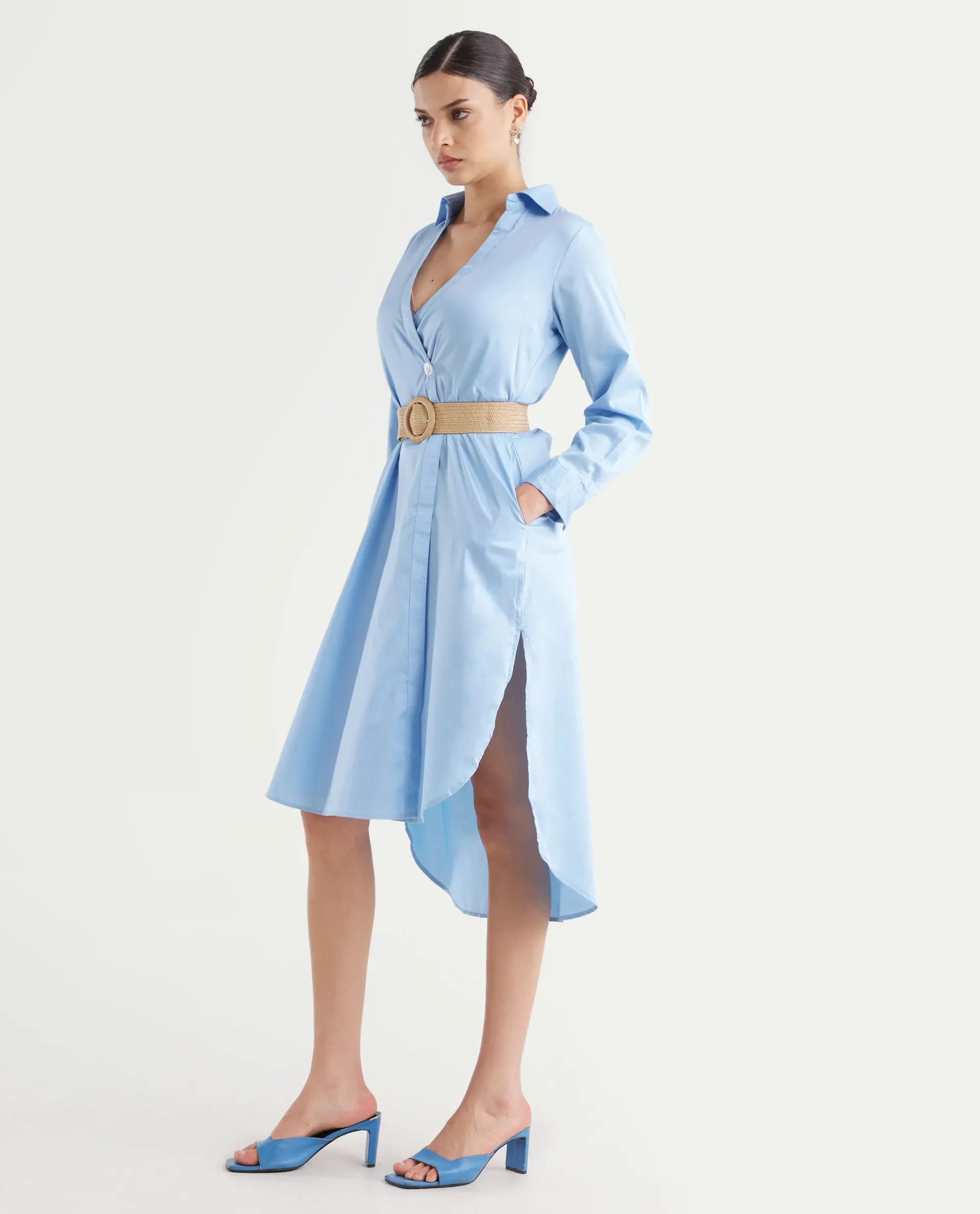 Rareism Women's Kiril Light Blue Cotton Johnny Collar Plain Cuffed Sleeve Midi Relaxed Fit Dress - Image 7