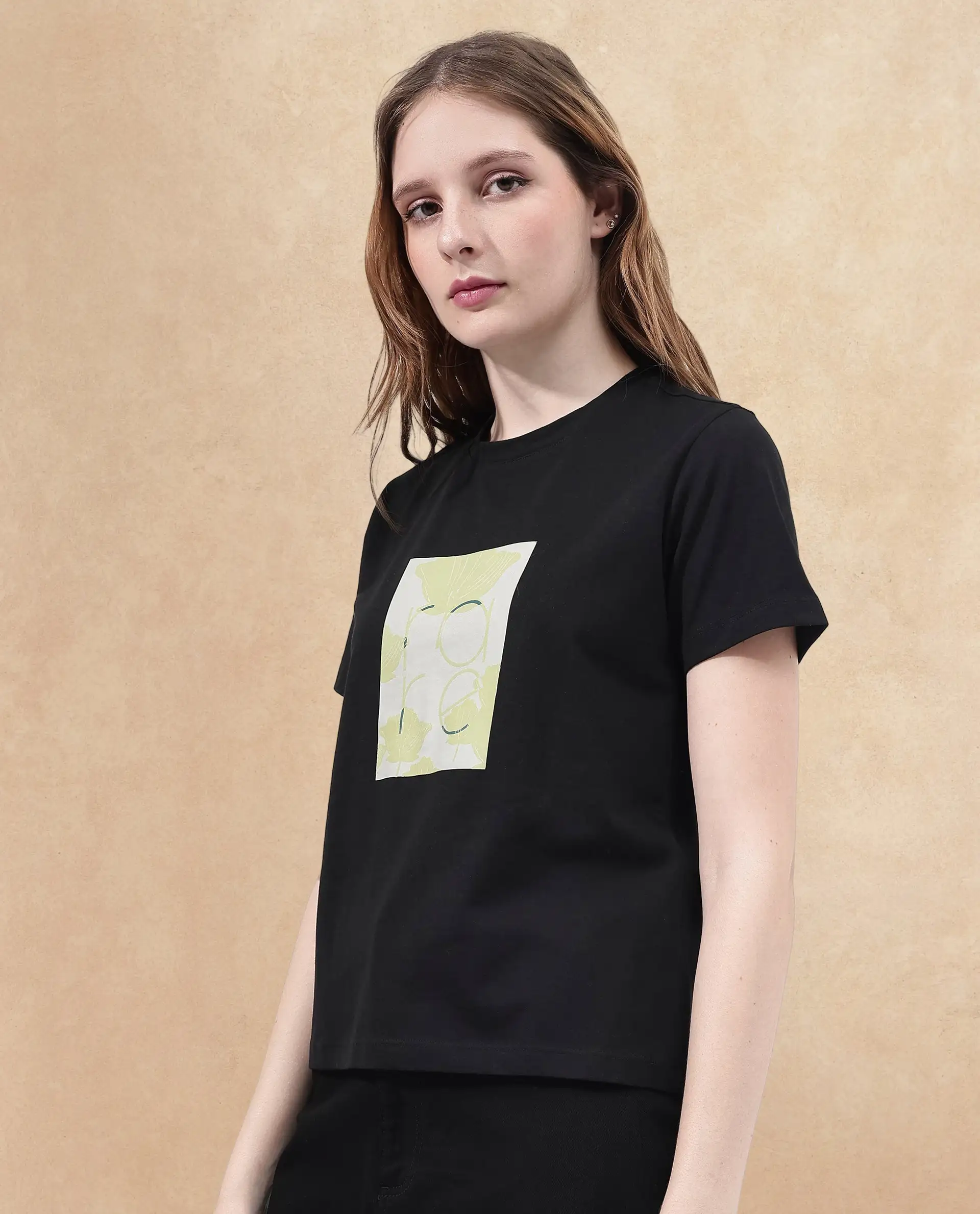 Rareism Women's Kirk Black Cotton Blend Crew Neck Graphic Print Regular Fit T-Shirt - Image 3