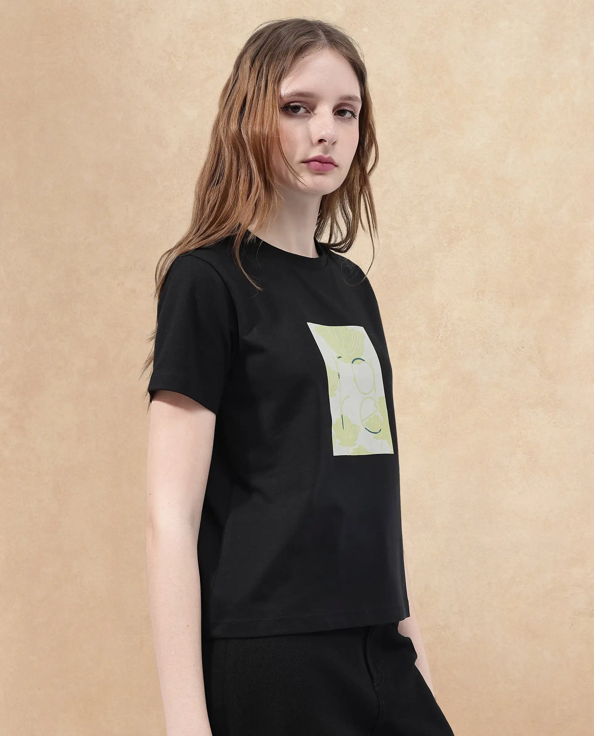 Rareism Women's Kirk Black Cotton Blend Crew Neck Graphic Print Regular Fit T-Shirt - Image 4