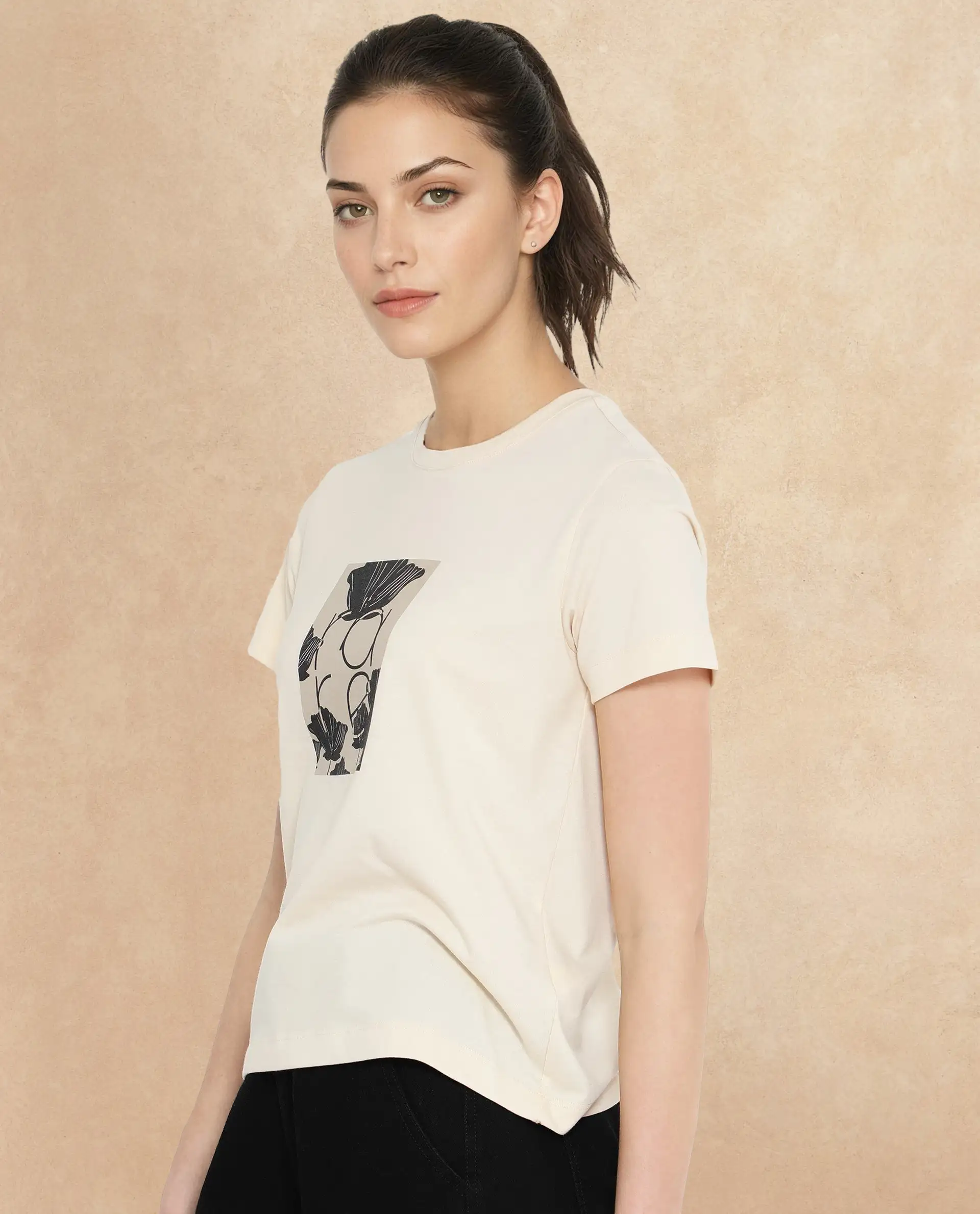 Rareism Women's Kirk Light Beige Cotton Blend Crew Neck Graphic Print Regular Fit T-Shirt - Image 2