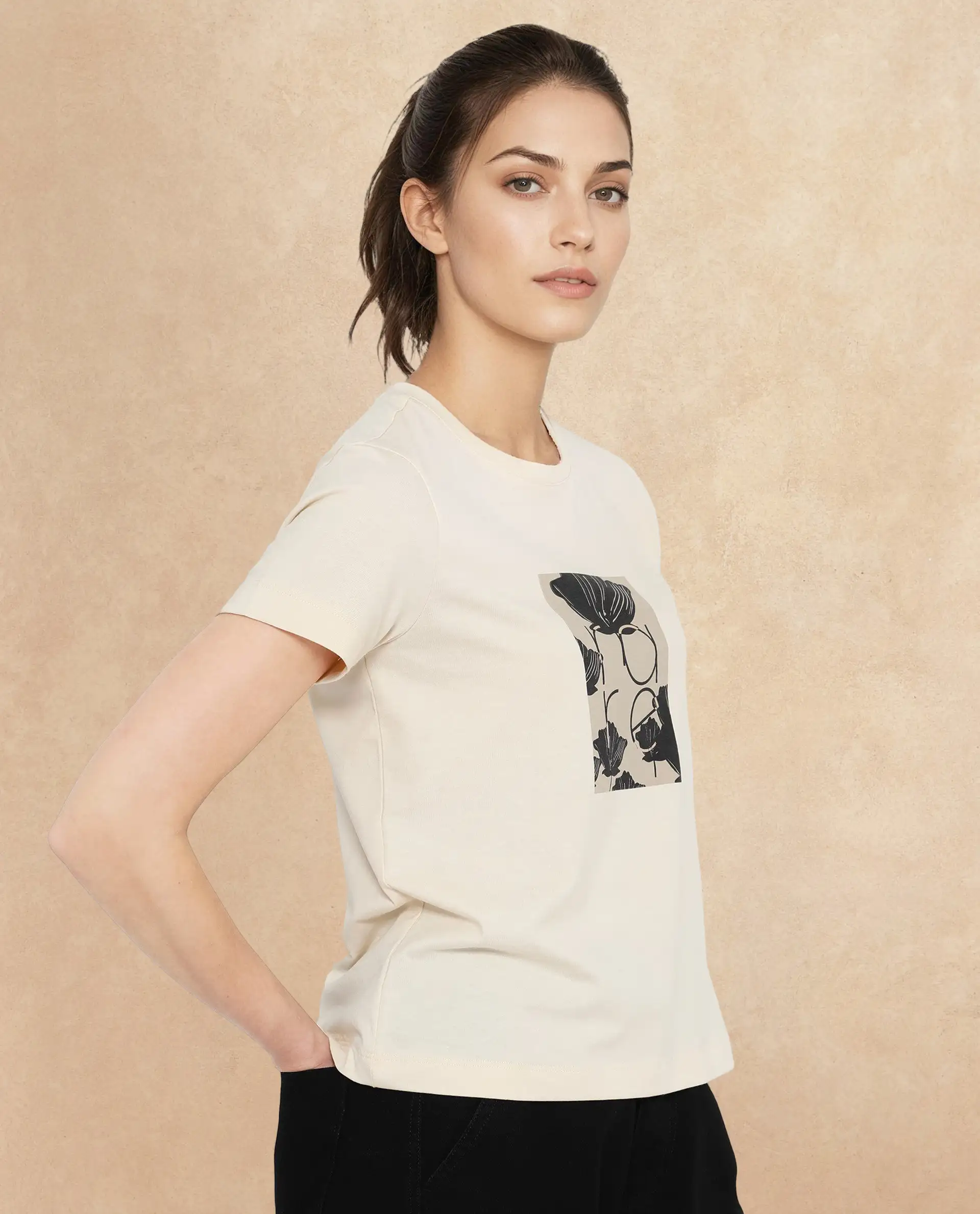 Rareism Women's Kirk Light Beige Cotton Blend Crew Neck Graphic Print Regular Fit T-Shirt - Image 3