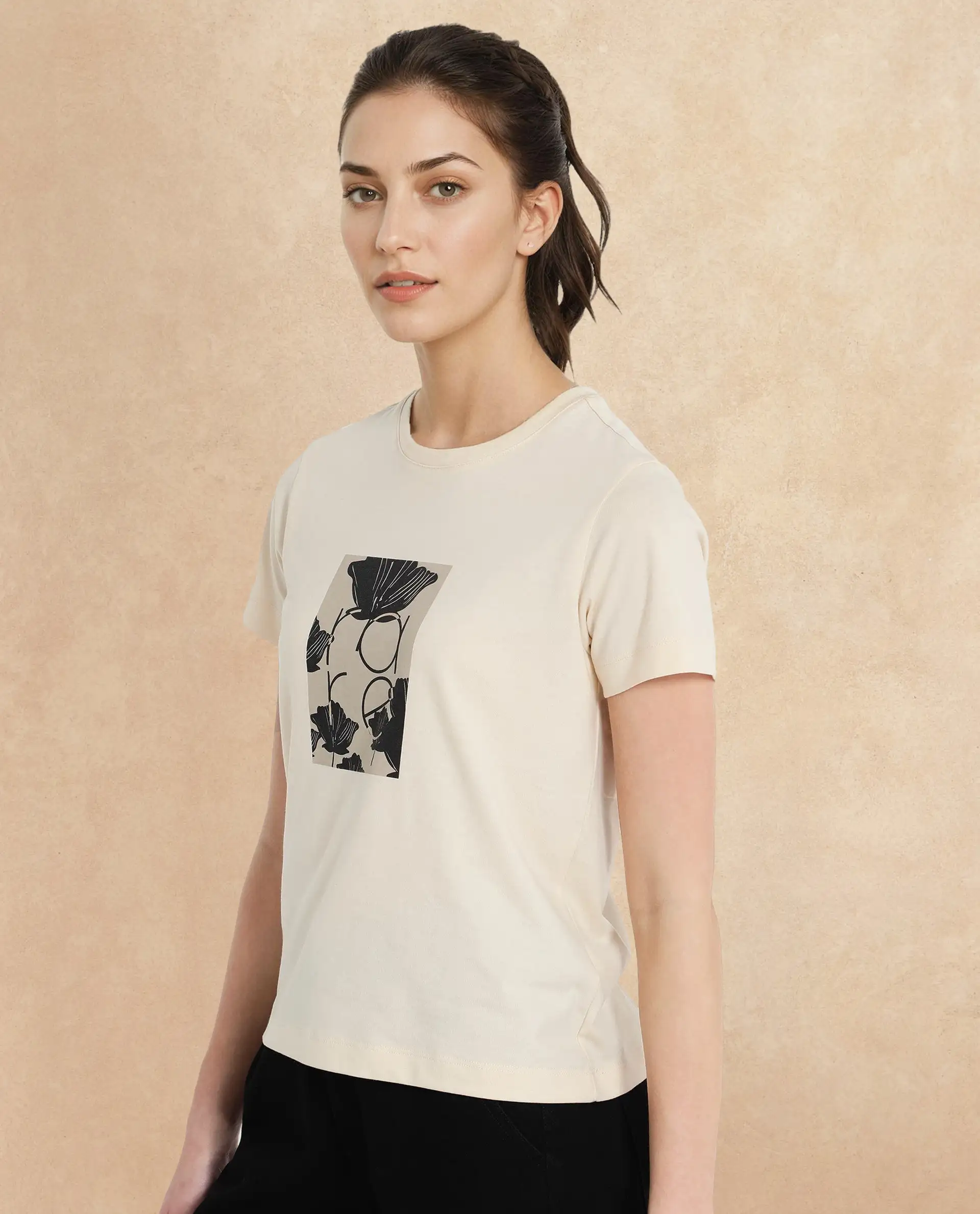 Rareism Women's Kirk Light Beige Cotton Blend Crew Neck Graphic Print Regular Fit T-Shirt - Image 4