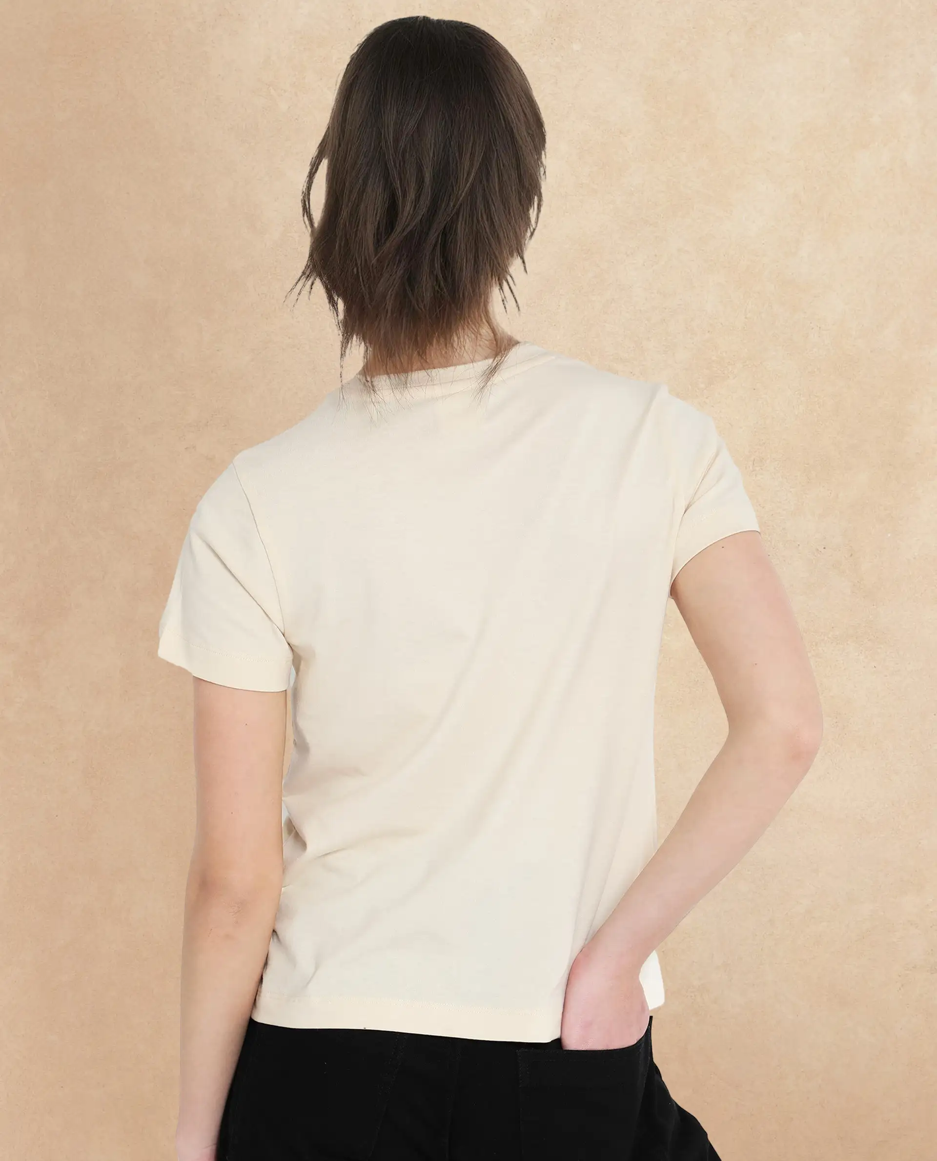 Rareism Women's Kirk Light Beige Cotton Blend Crew Neck Graphic Print Regular Fit T-Shirt - Image 5