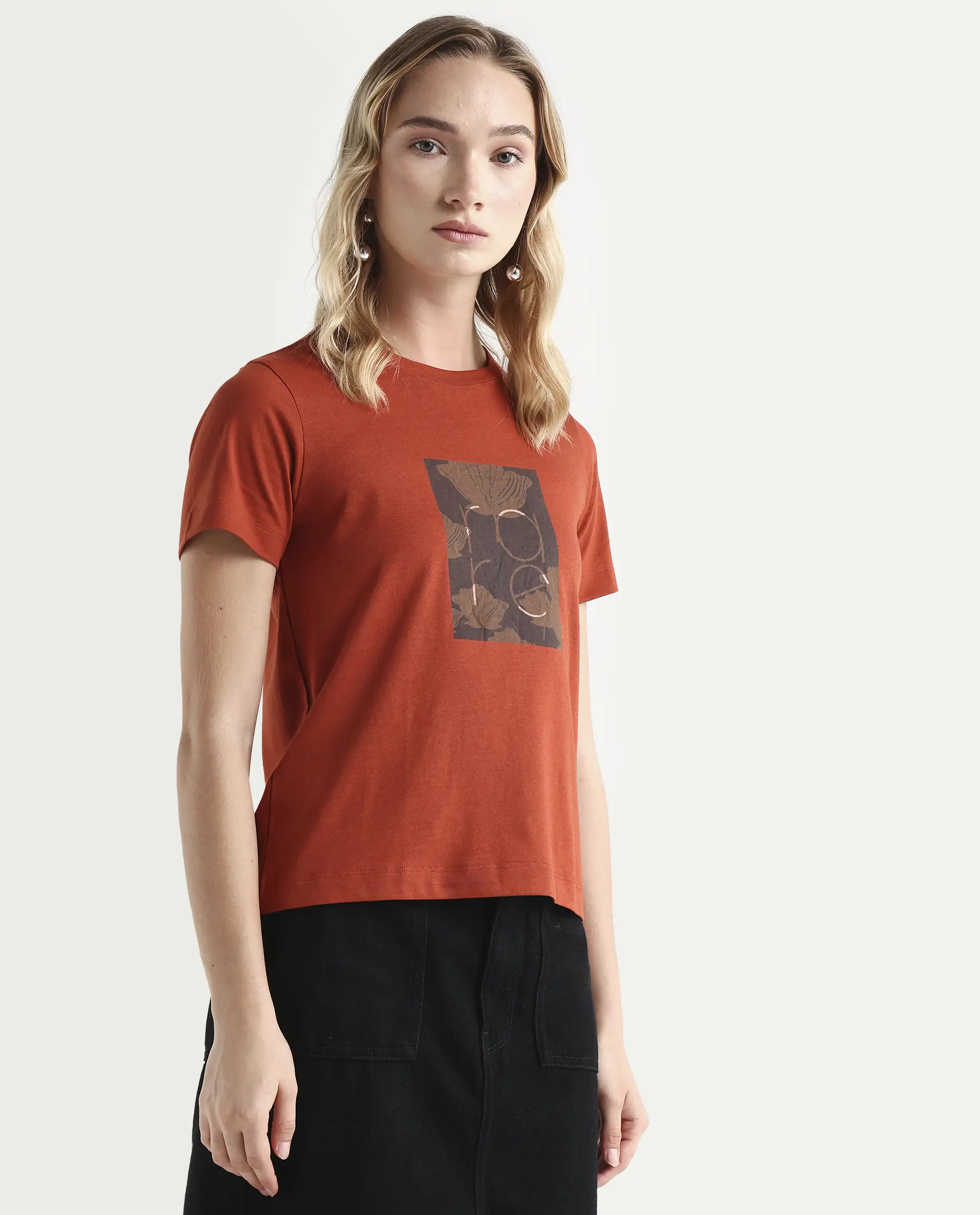 Rareism Women's Kirk Rust Cotton Crew Neck Graphic Print Regular Fit T-Shirt - Image 6
