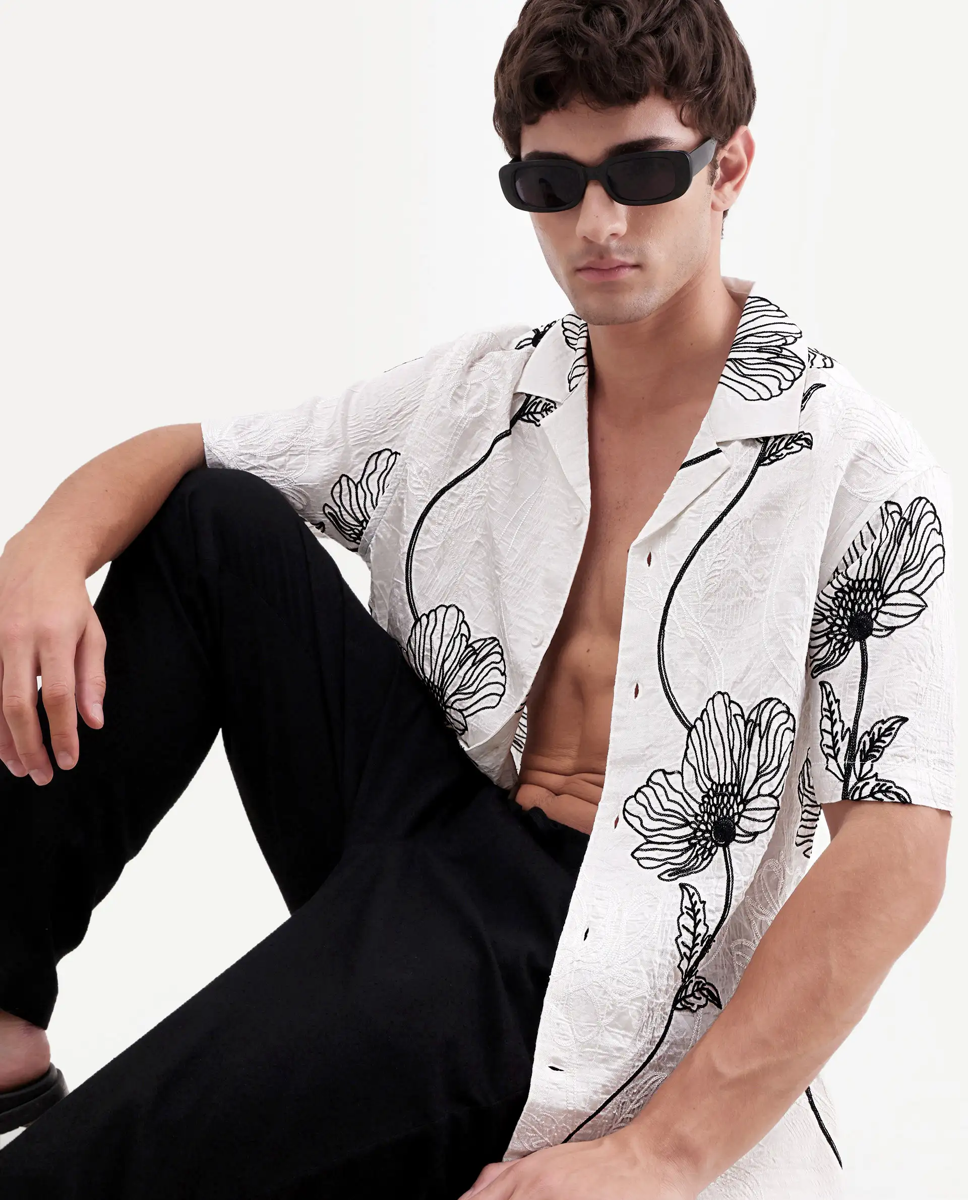 Rare Rabbit Men's Kiro White Viscose Blend Fabric Half Sleeve Cuban Collar Button Relaxed Fit Embroidered Shirt - Image 2