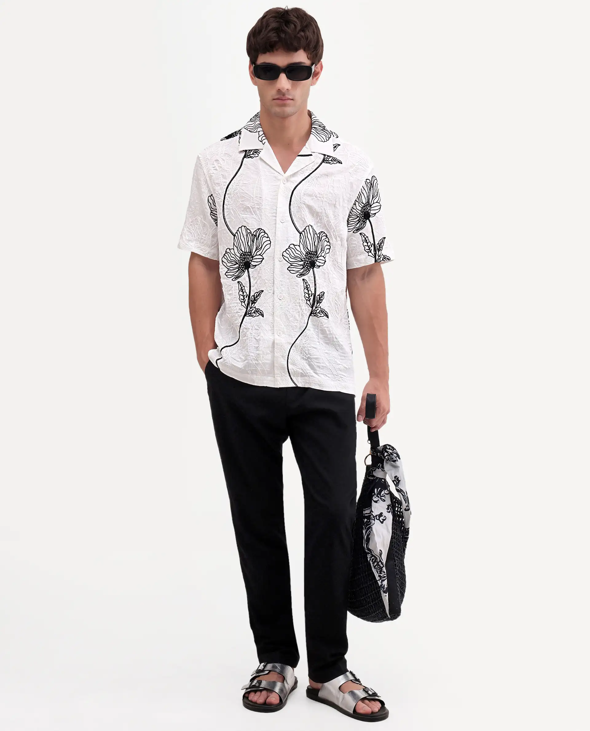 Rare Rabbit Men's Kiro White Viscose Blend Fabric Half Sleeve Cuban Collar Button Relaxed Fit Embroidered Shirt - Image 3