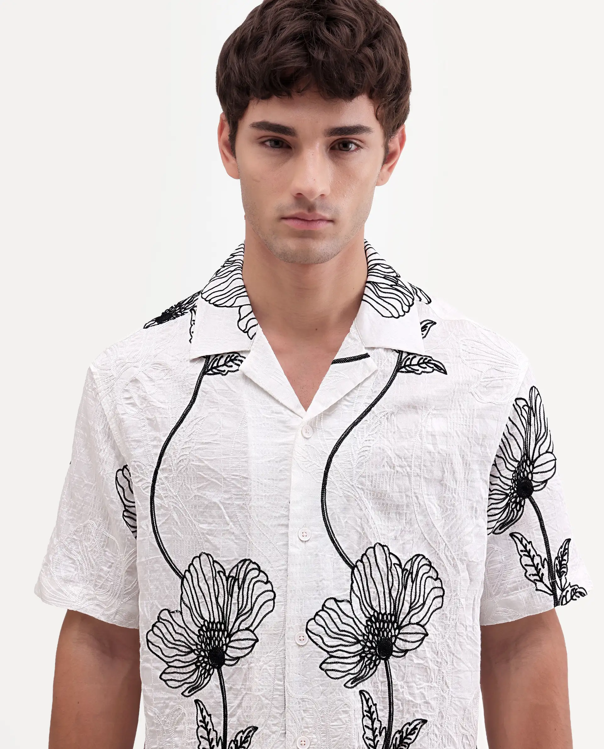 Rare Rabbit Men's Kiro White Viscose Blend Fabric Half Sleeve Cuban Collar Button Relaxed Fit Embroidered Shirt - Image 4