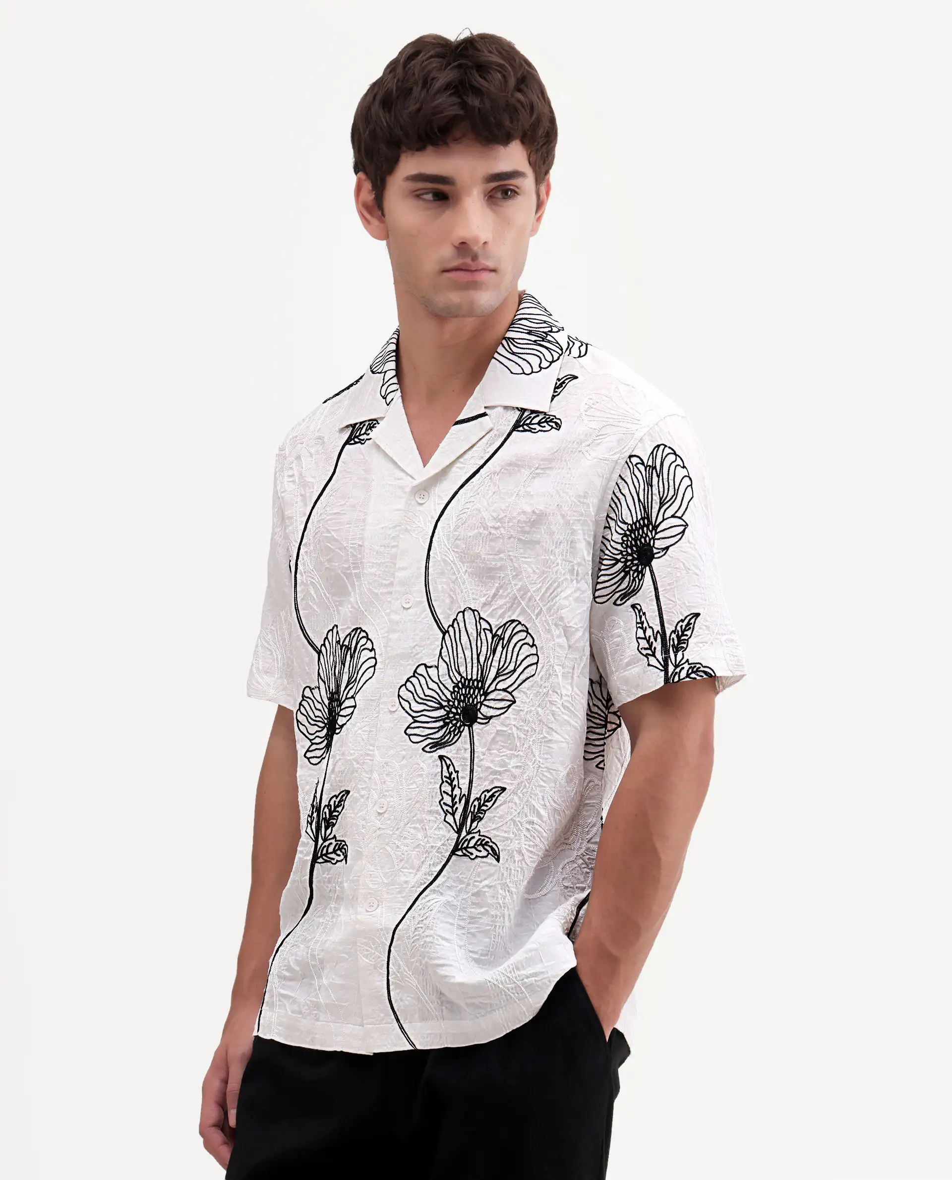 Rare Rabbit Men's Kiro White Viscose Blend Fabric Half Sleeve Cuban Collar Button Relaxed Fit Embroidered Shirt - Image 5