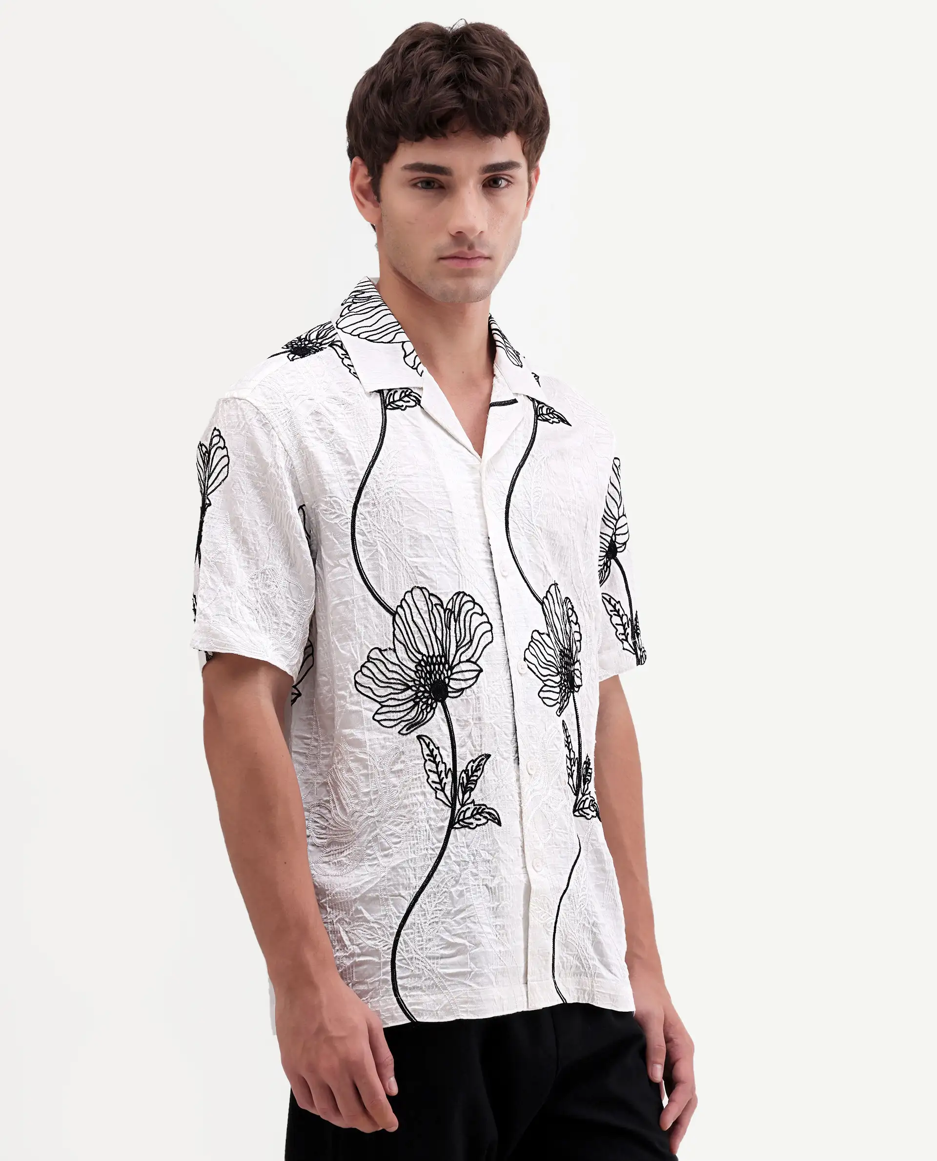 Rare Rabbit Men's Kiro White Viscose Blend Fabric Half Sleeve Cuban Collar Button Relaxed Fit Embroidered Shirt - Image 6