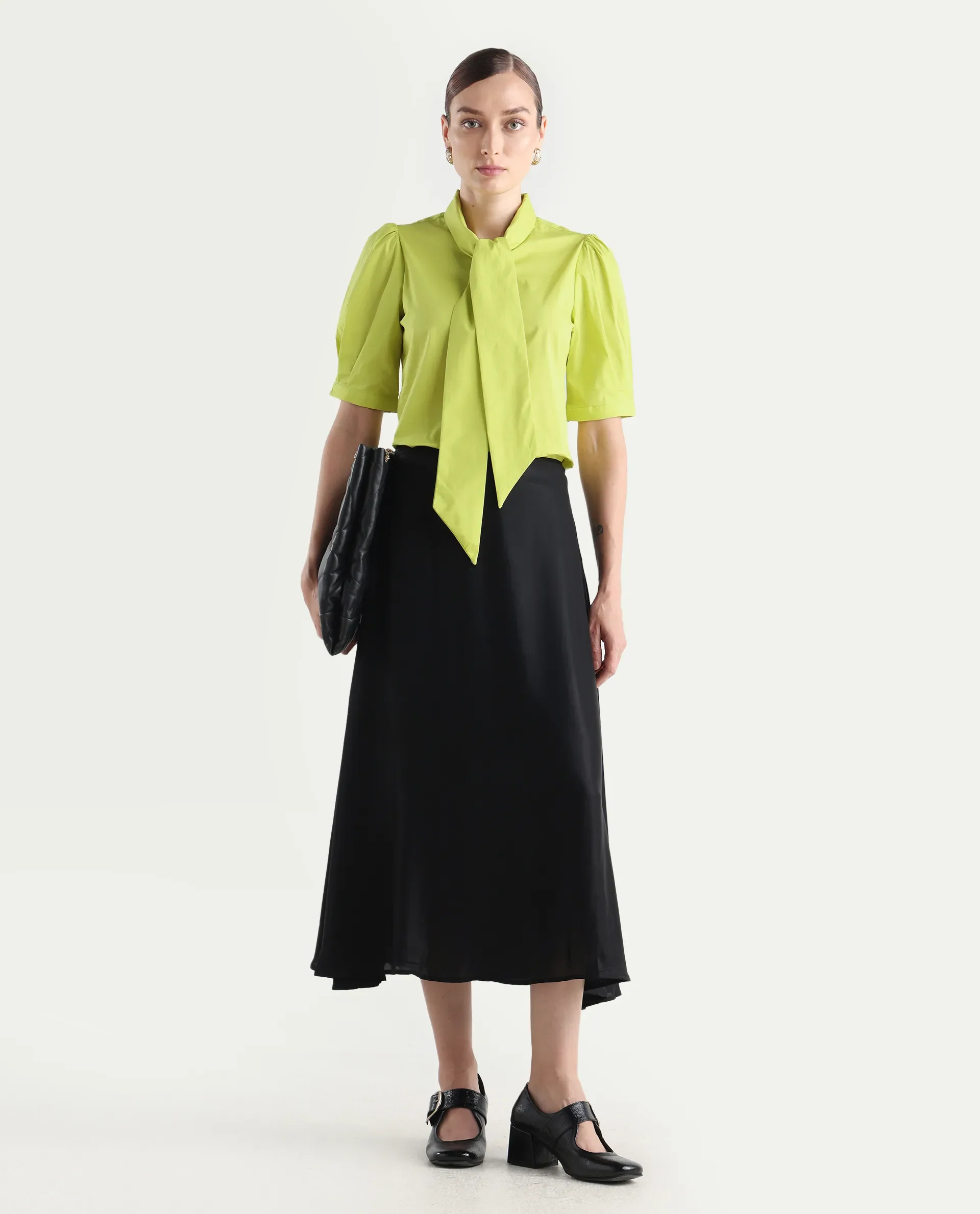 Rareism Women's Kirv Green Cotton Blend Tie-Up Neck Plain Bishop Sleeve Regular Fit Top - Image 2