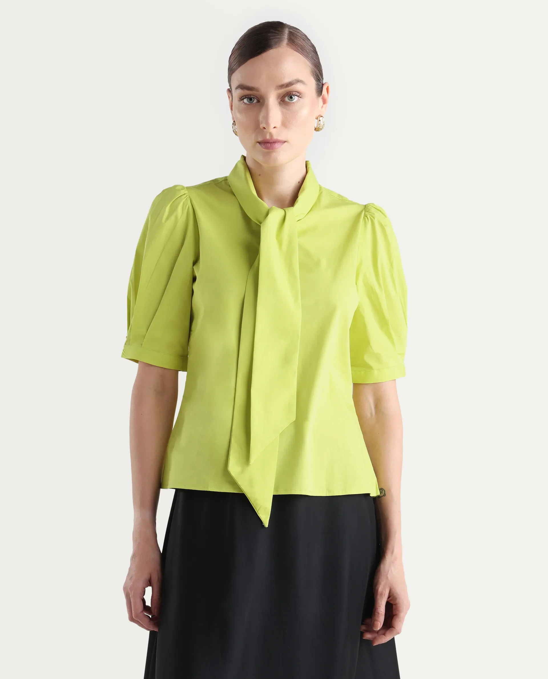 Rareism Women's Kirv Green Cotton Blend Tie-Up Neck Plain Bishop Sleeve Regular Fit Top - Image 3