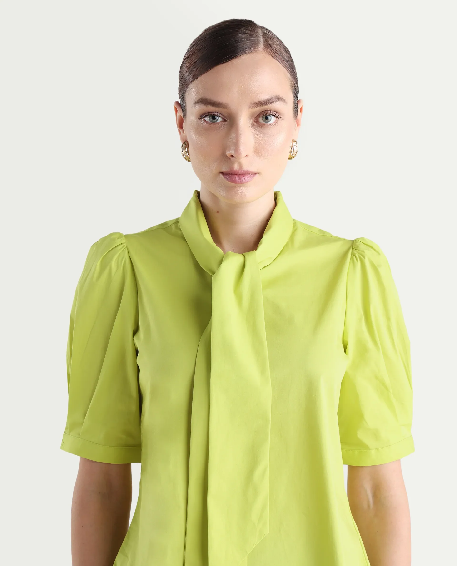 Rareism Women's Kirv Green Cotton Blend Tie-Up Neck Plain Bishop Sleeve Regular Fit Top - Image 4