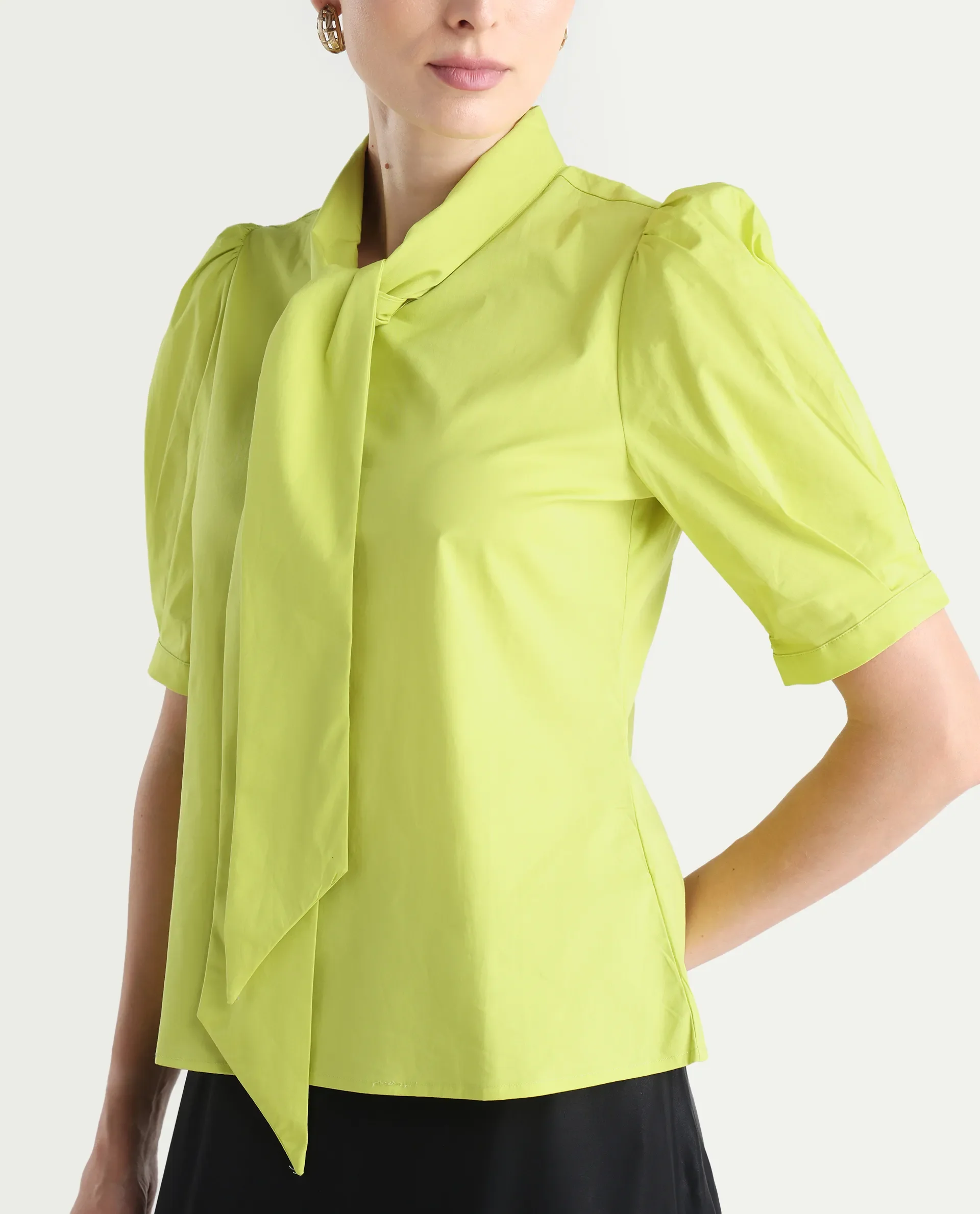 Rareism Women's Kirv Green Cotton Blend Tie-Up Neck Plain Bishop Sleeve Regular Fit Top - Image 5