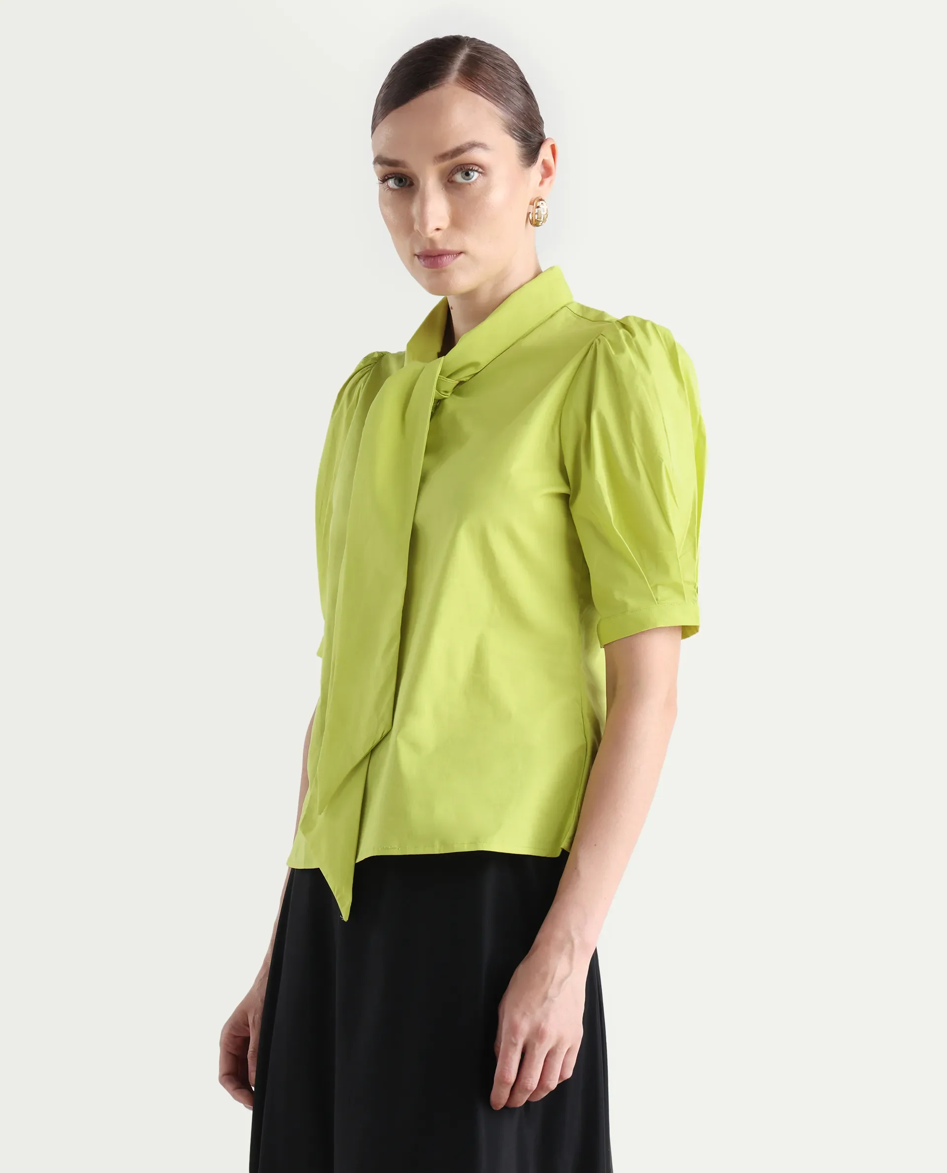 Rareism Women's Kirv Green Cotton Blend Tie-Up Neck Plain Bishop Sleeve Regular Fit Top - Image 6