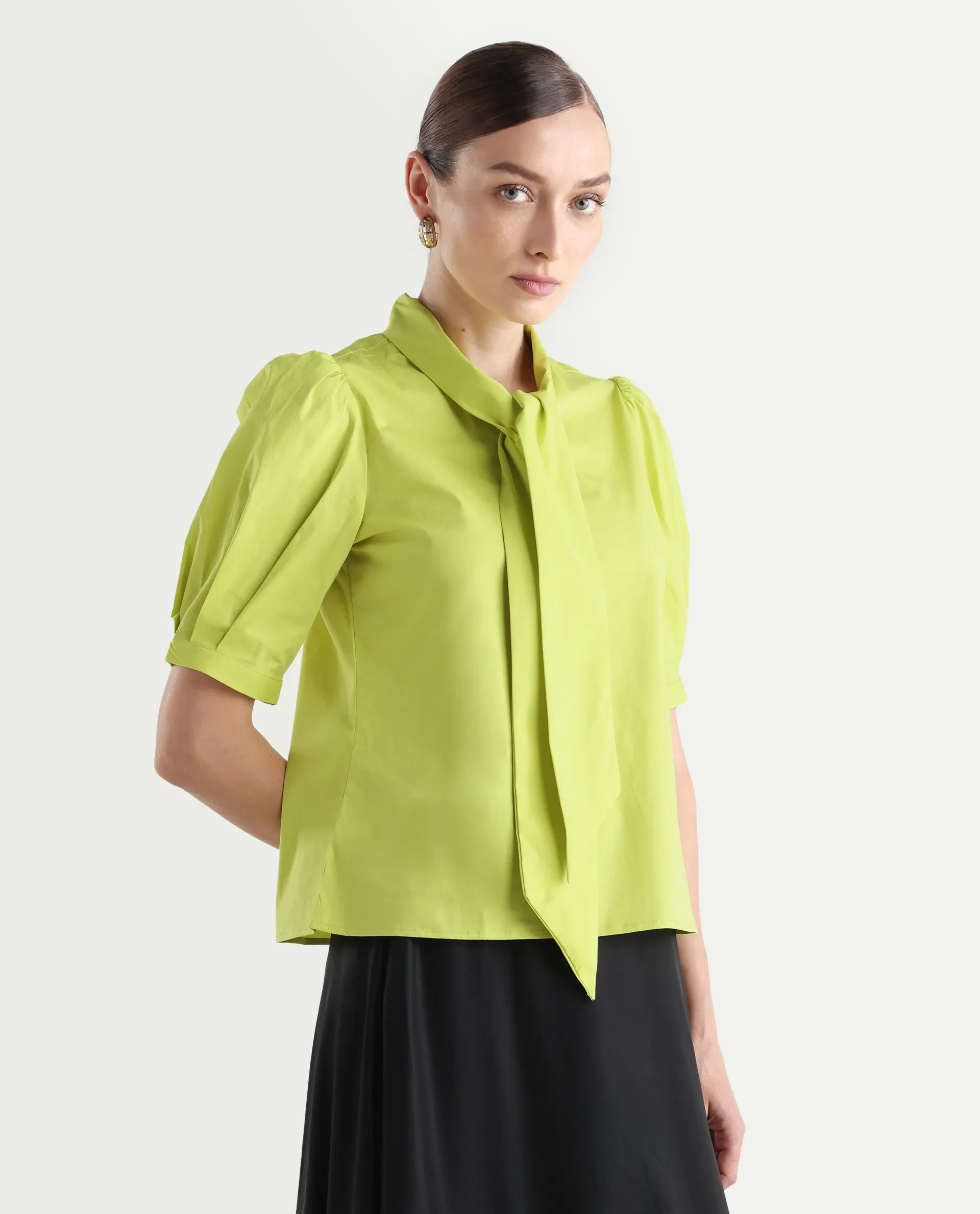 Rareism Women's Kirv Green Cotton Blend Tie-Up Neck Plain Bishop Sleeve Regular Fit Top - Image 7