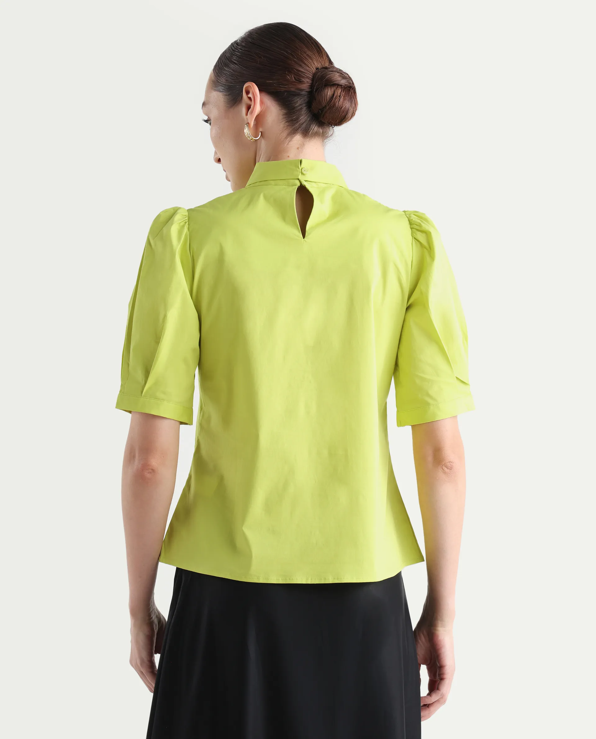 Rareism Women's Kirv Green Cotton Blend Tie-Up Neck Plain Bishop Sleeve Regular Fit Top - Image 8