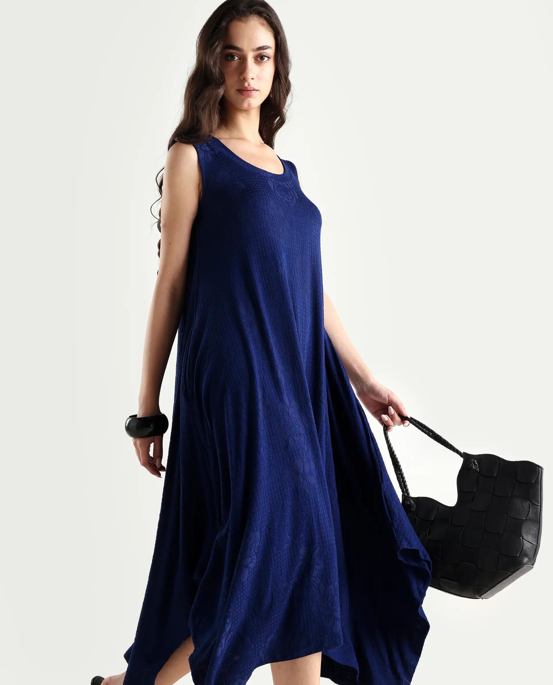 Rareism Women's Kisame Dark Blue Knit Jacquard Crew Neck Plain Sleeveless Midi Flared Dress - Image 2