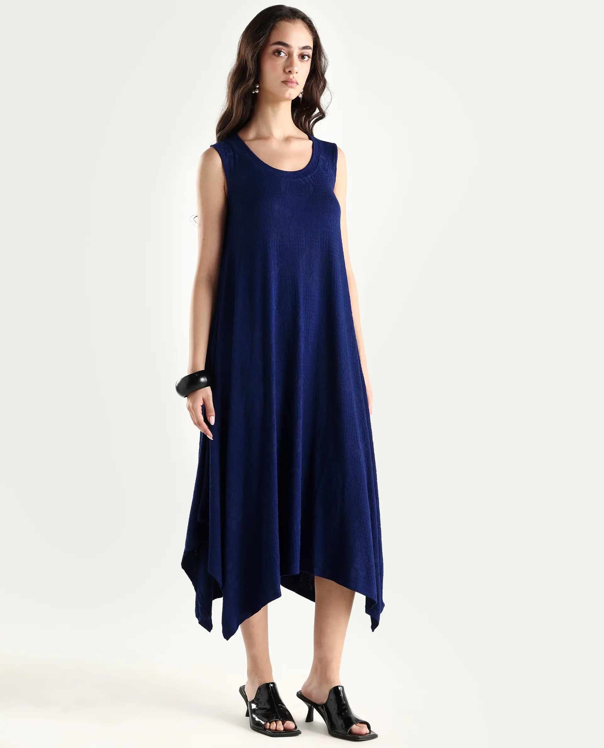 Rareism Women's Kisame Dark Blue Knit Jacquard Crew Neck Plain Sleeveless Midi Flared Dress - Image 6