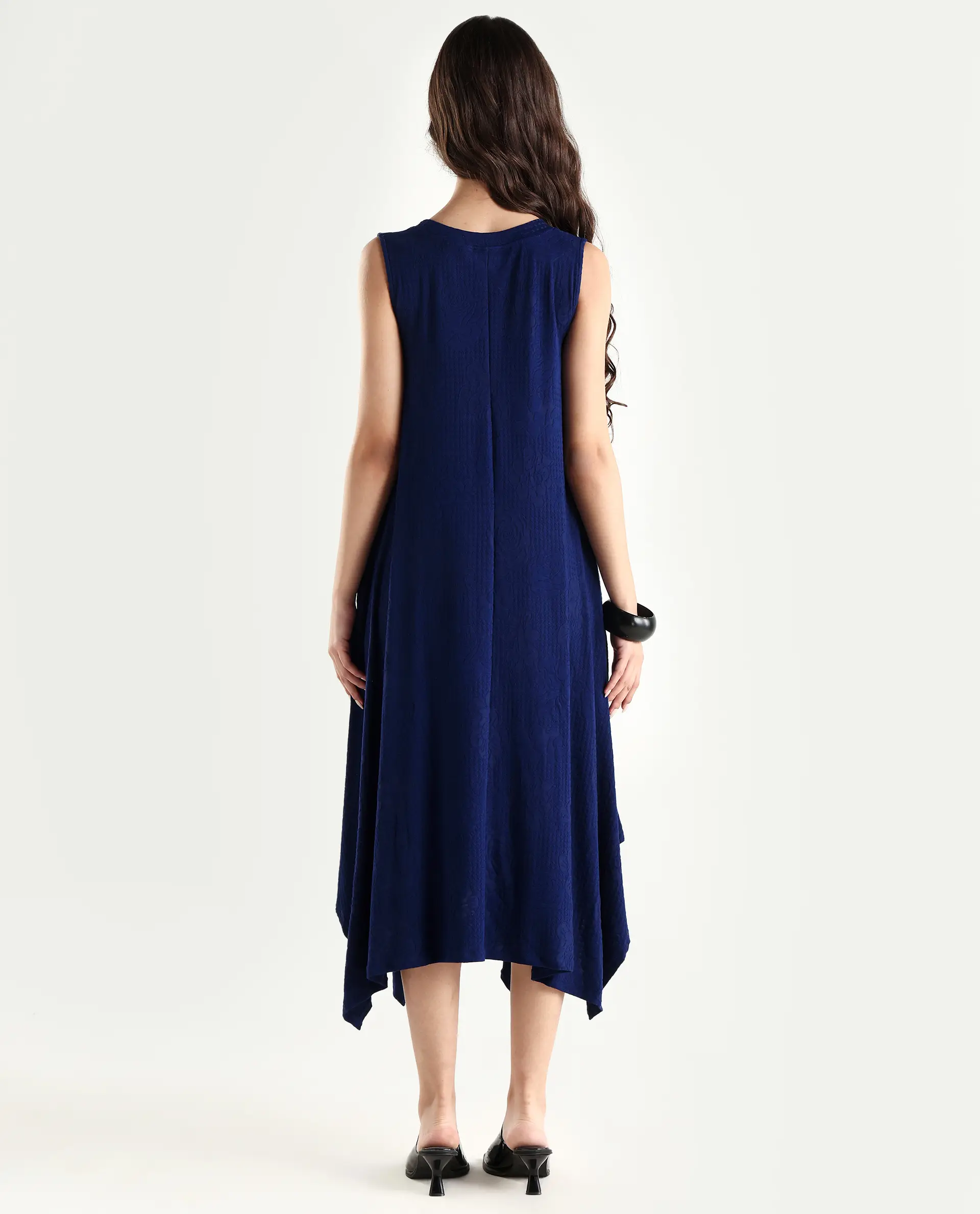 Rareism Women's Kisame Dark Blue Knit Jacquard Crew Neck Plain Sleeveless Midi Flared Dress - Image 7