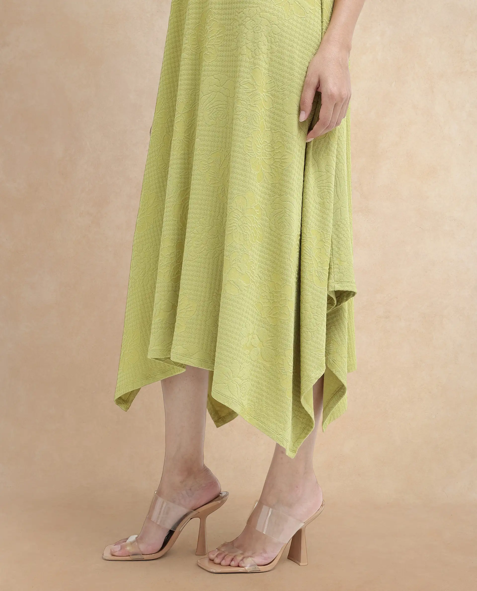 Rareism Women's Kisame Light Green Knit Jacquard Crew Neck Plain Sleeveless Midi Flared Dress - Image 3