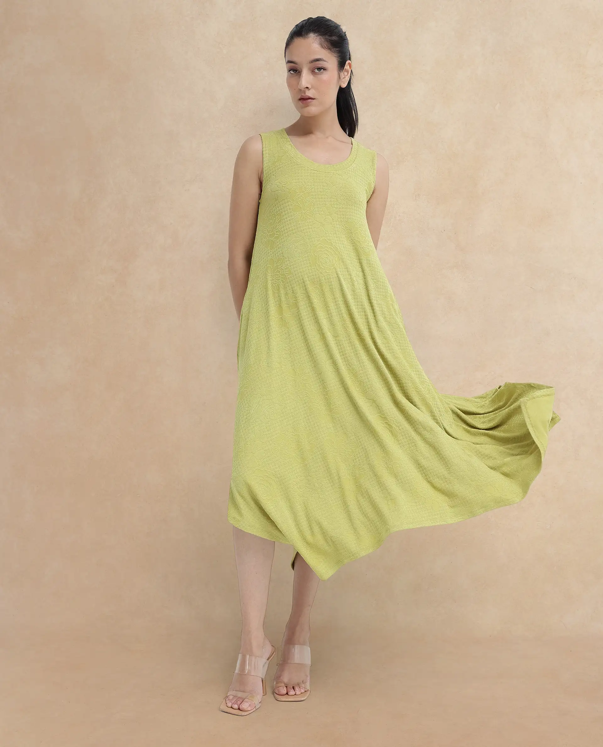 Rareism Women's Kisame Light Green Knit Jacquard Crew Neck Plain Sleeveless Midi Flared Dress - Image 8