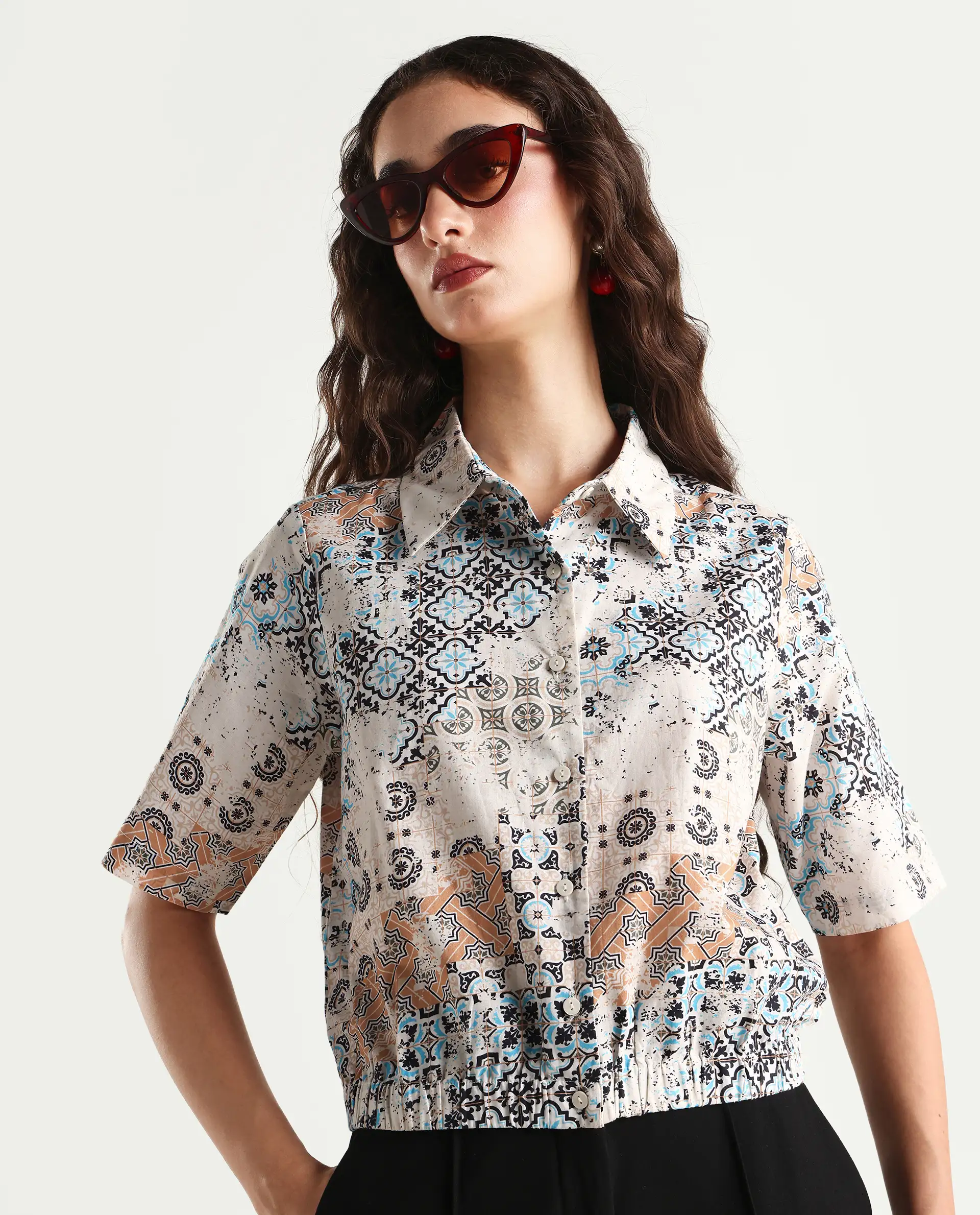 Rareism Women's Kitanas Multi Cotton Spread Collar Abstract Print Crop Regular Fit Top