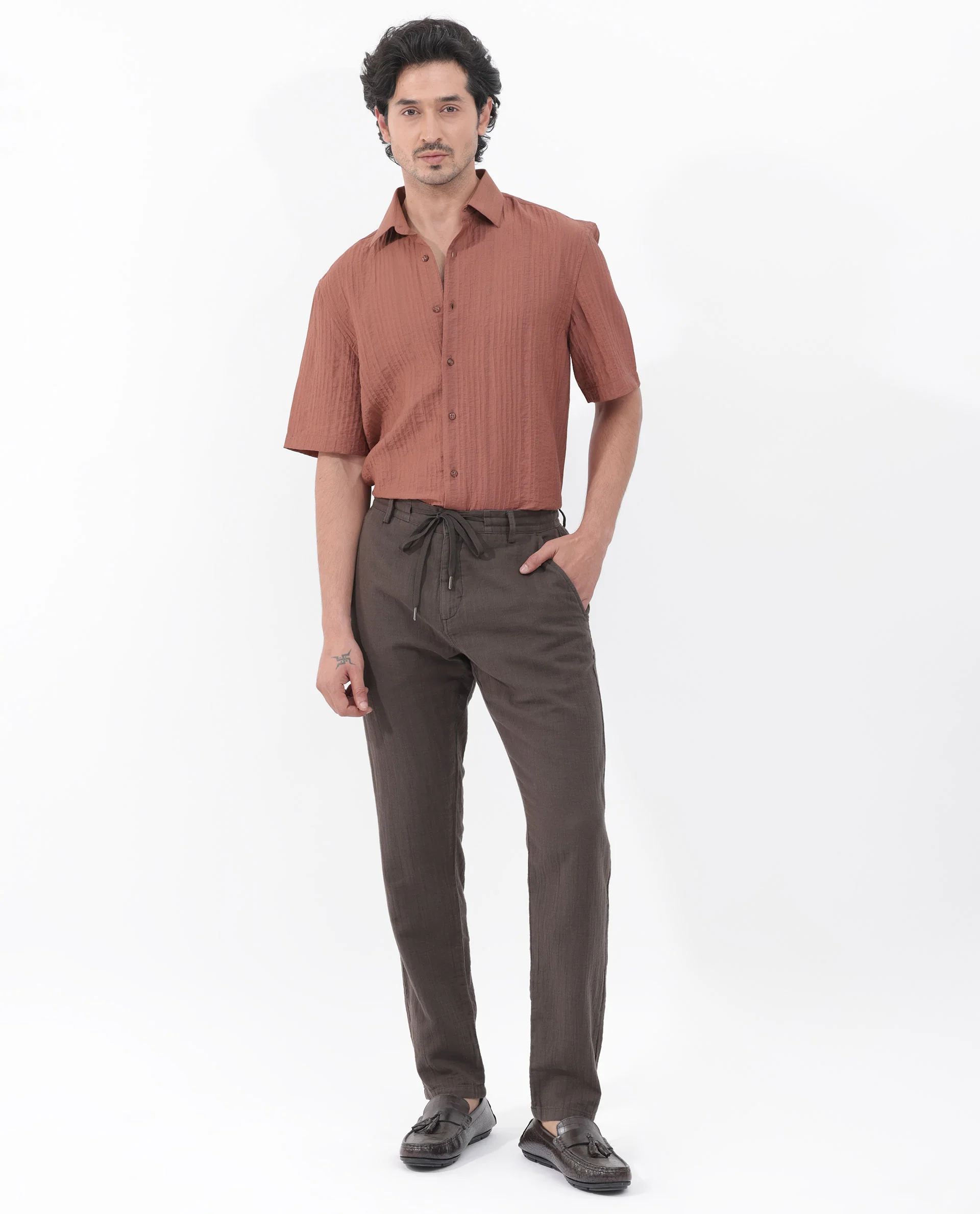 Rare Rabbit Men's Kith Dusky Rust Viscose Striped Print Boxy Fit Half Sleeve Collared Shirt - Image 2